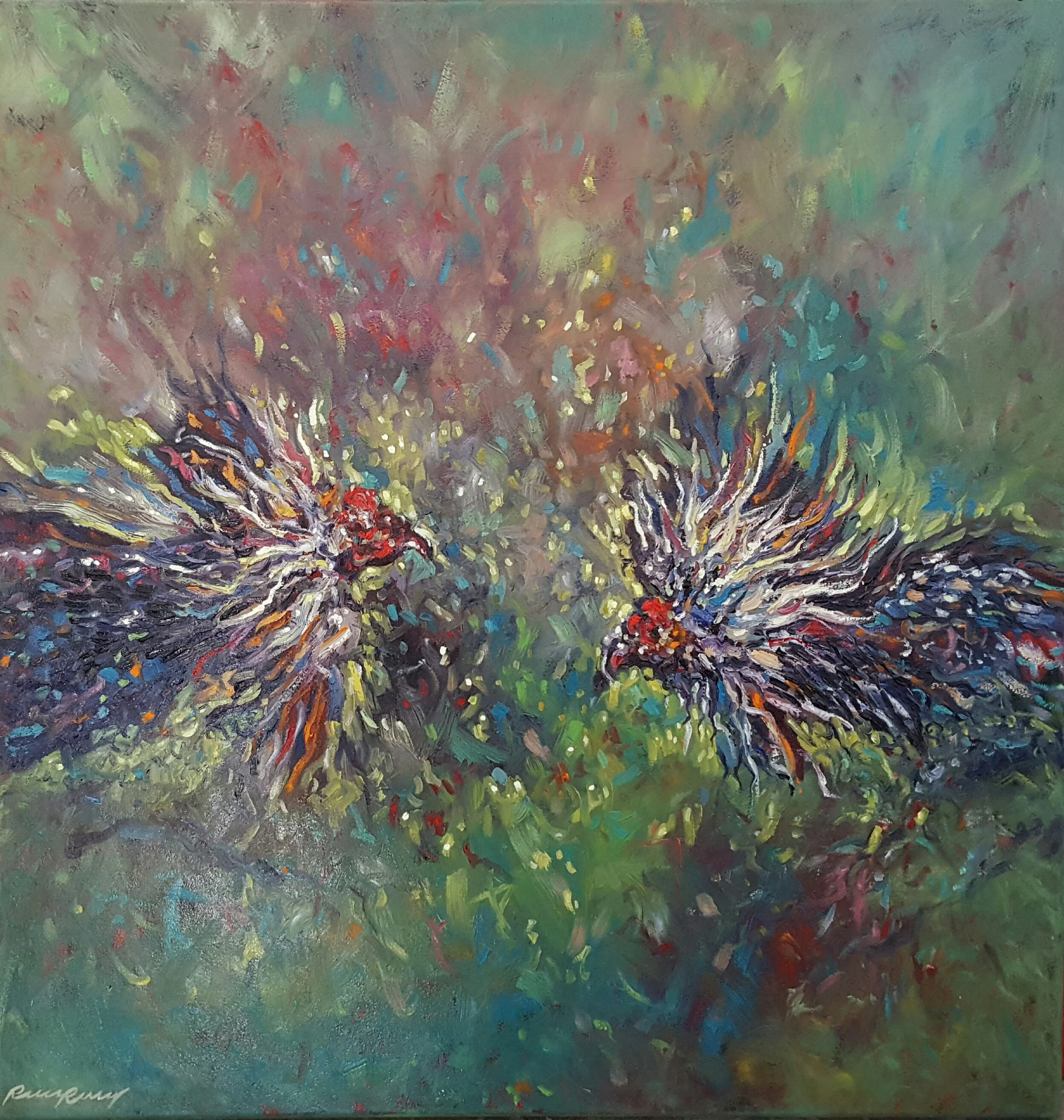   COCKFIGHT I   38 1/2” W x 39 1/2” H  Acrylic and oil on canvas 