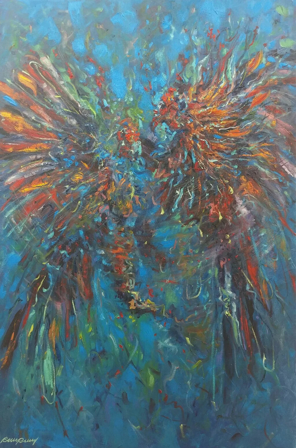   BLUE FIGHT   24” W x 36” H  Acrylic and oil on canvas 