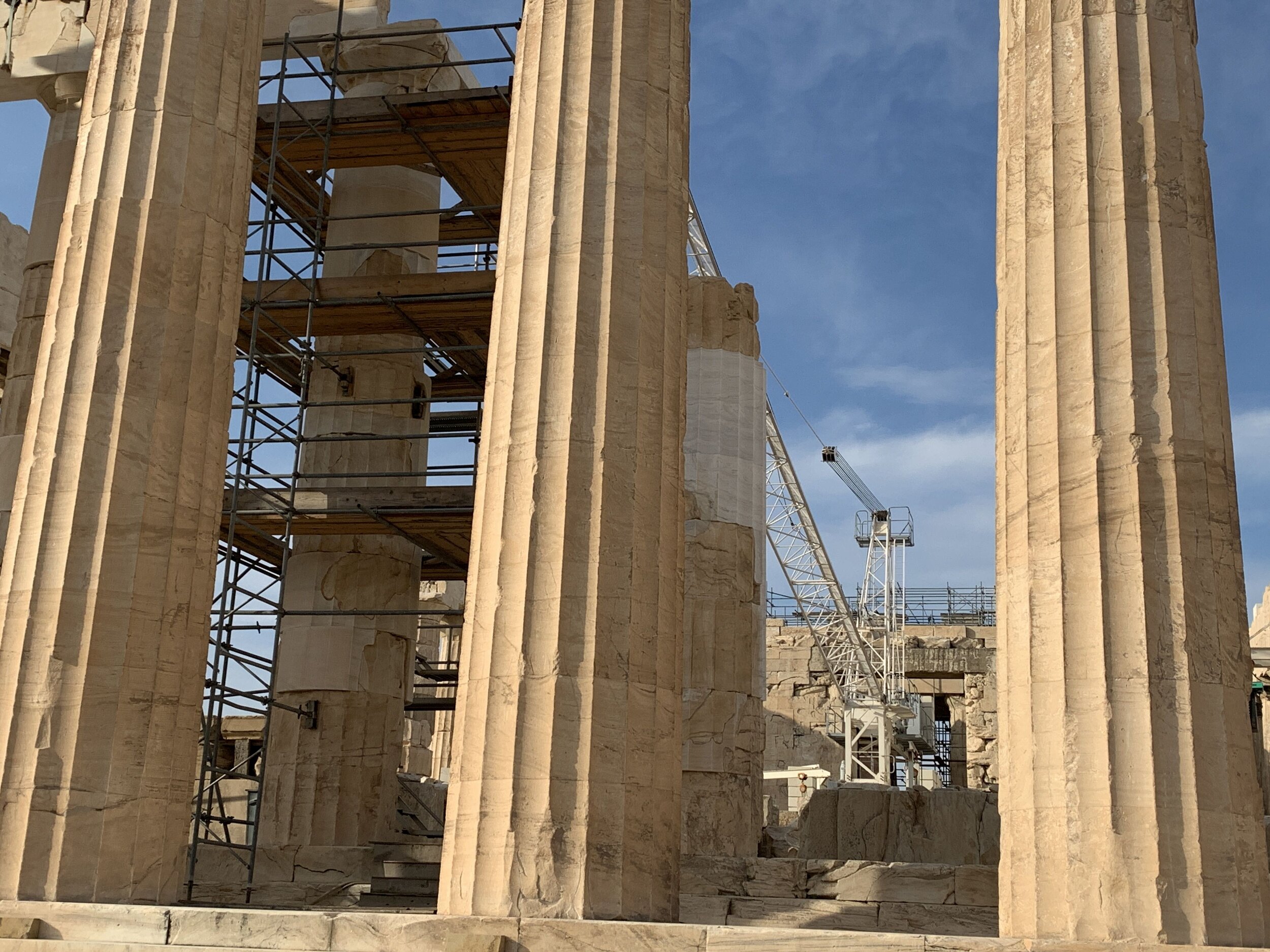 Most of the Parthenon was destroyed during the Persian war. Heavy construction is taking place to restore it to its former glory.
