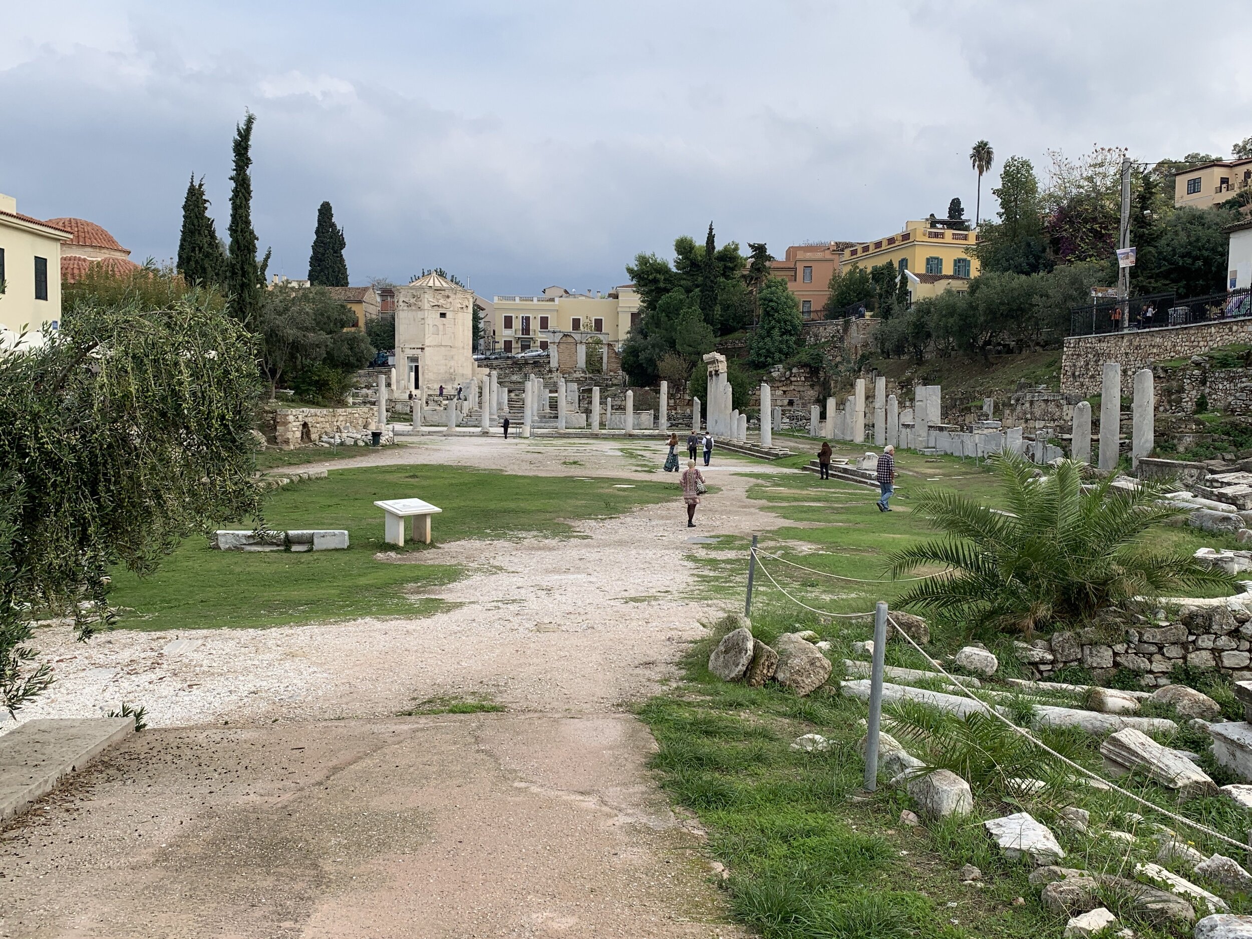 Roman Forum of Athens, a market place in the old days. The tower of wind in the back has a sundial, water clock and wind vane.