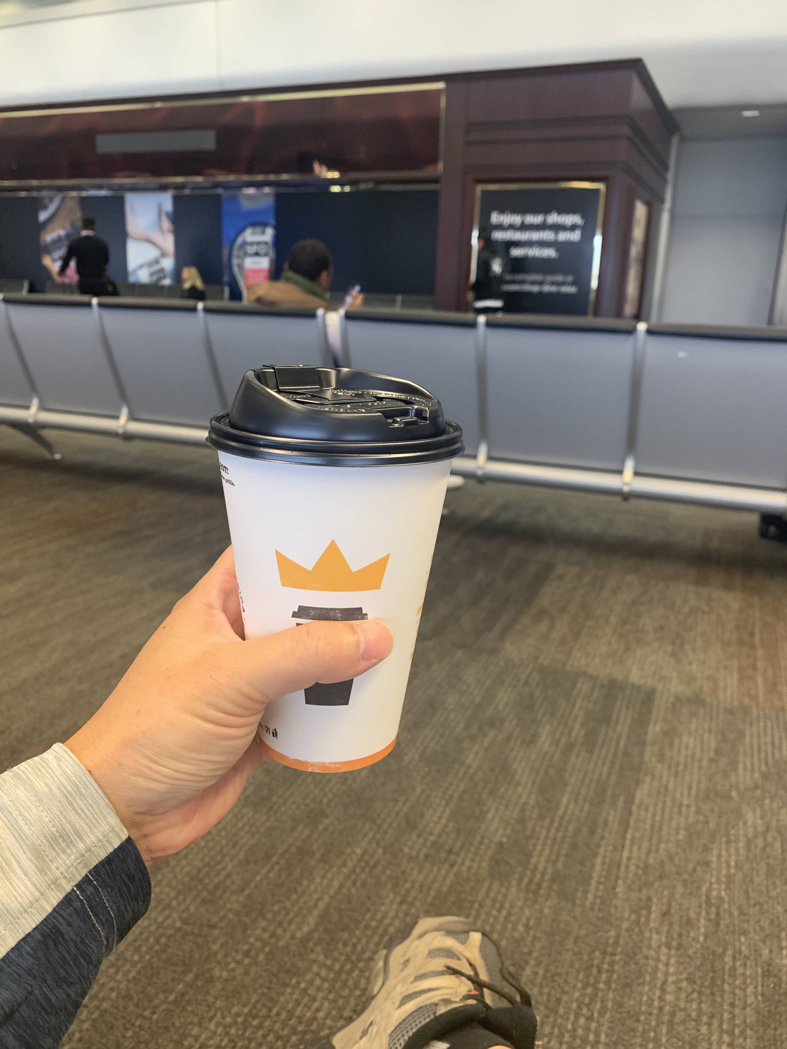 You know you're back in the U.S. when coffee come in big cups.  This is "regular" size at SFO Burger King.  We haven't seen this anywhere else in the world.