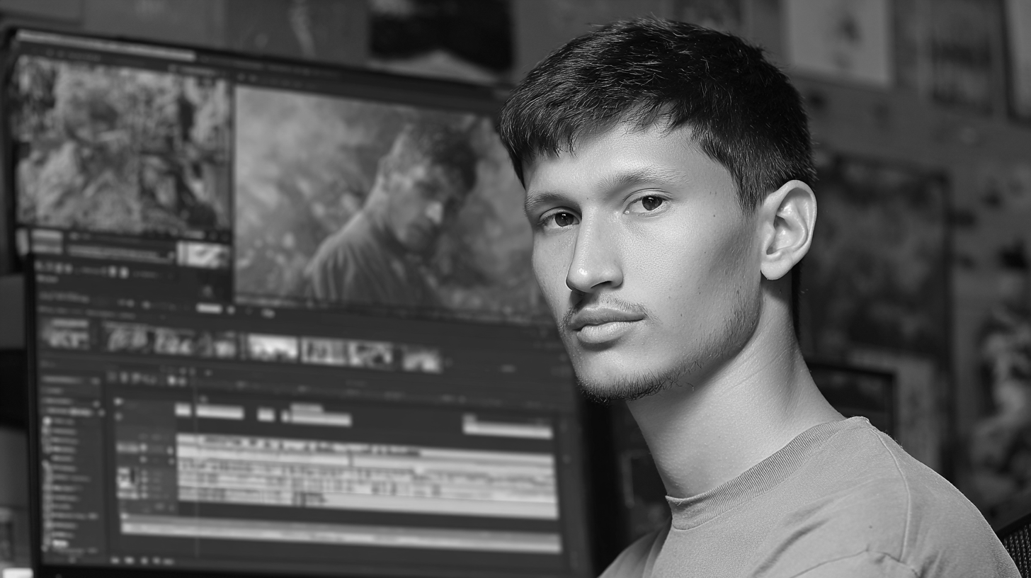 Black and white photo of a young man with short dark hair, sitting in front of a computer monitor with video editing software open. The monitor displays a video frame of a man outdoors, wearing a casual shirt. The background has additional screens and posters.