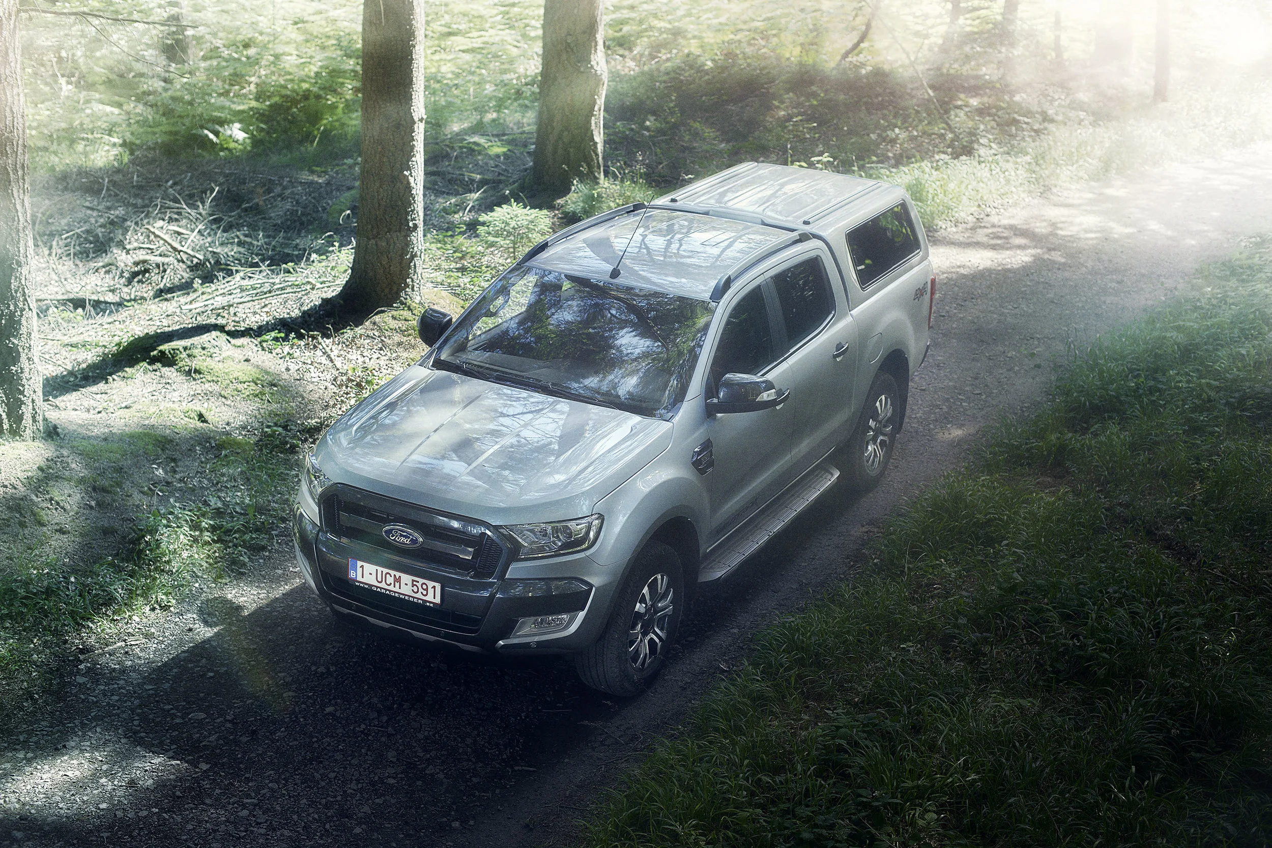 Silver pickup truck parked on a dirt path in a wooded area surrounded by trees and green foliage.