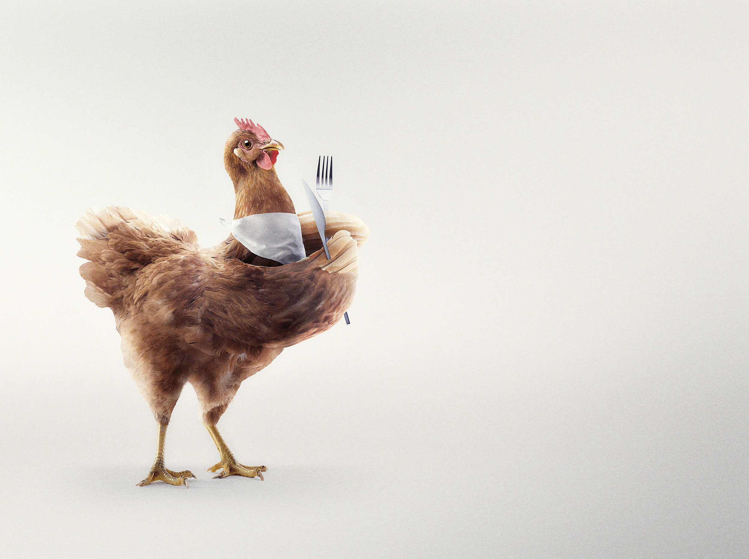 A chicken with a human-like body dressed as a waiter, holding a plate with a fork and knife, standing on a plain background.