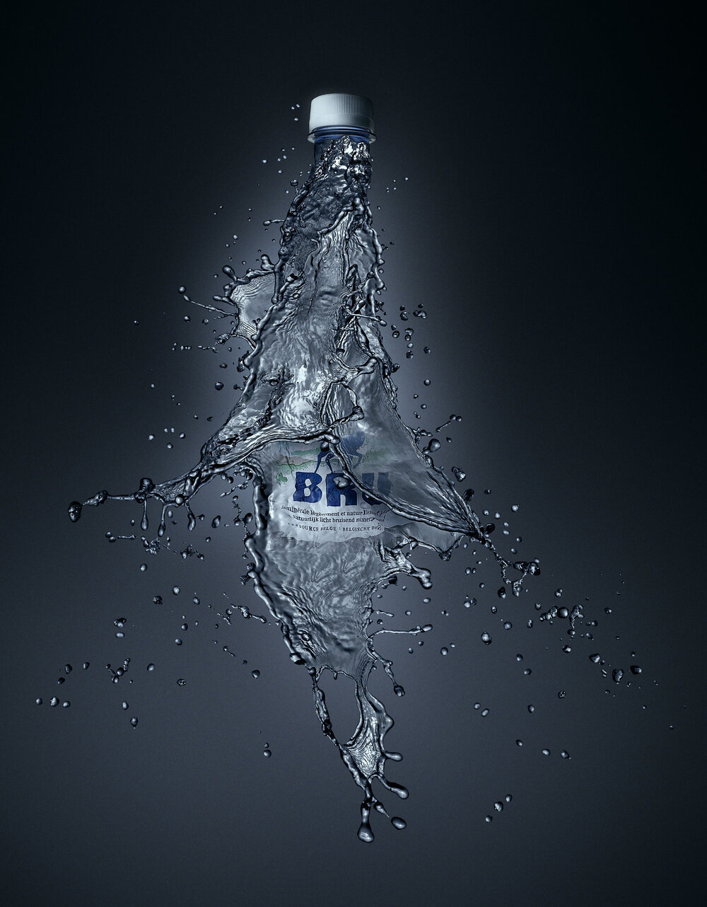 A water bottle with a white cap splashing and surrounded by water droplets against a dark background.