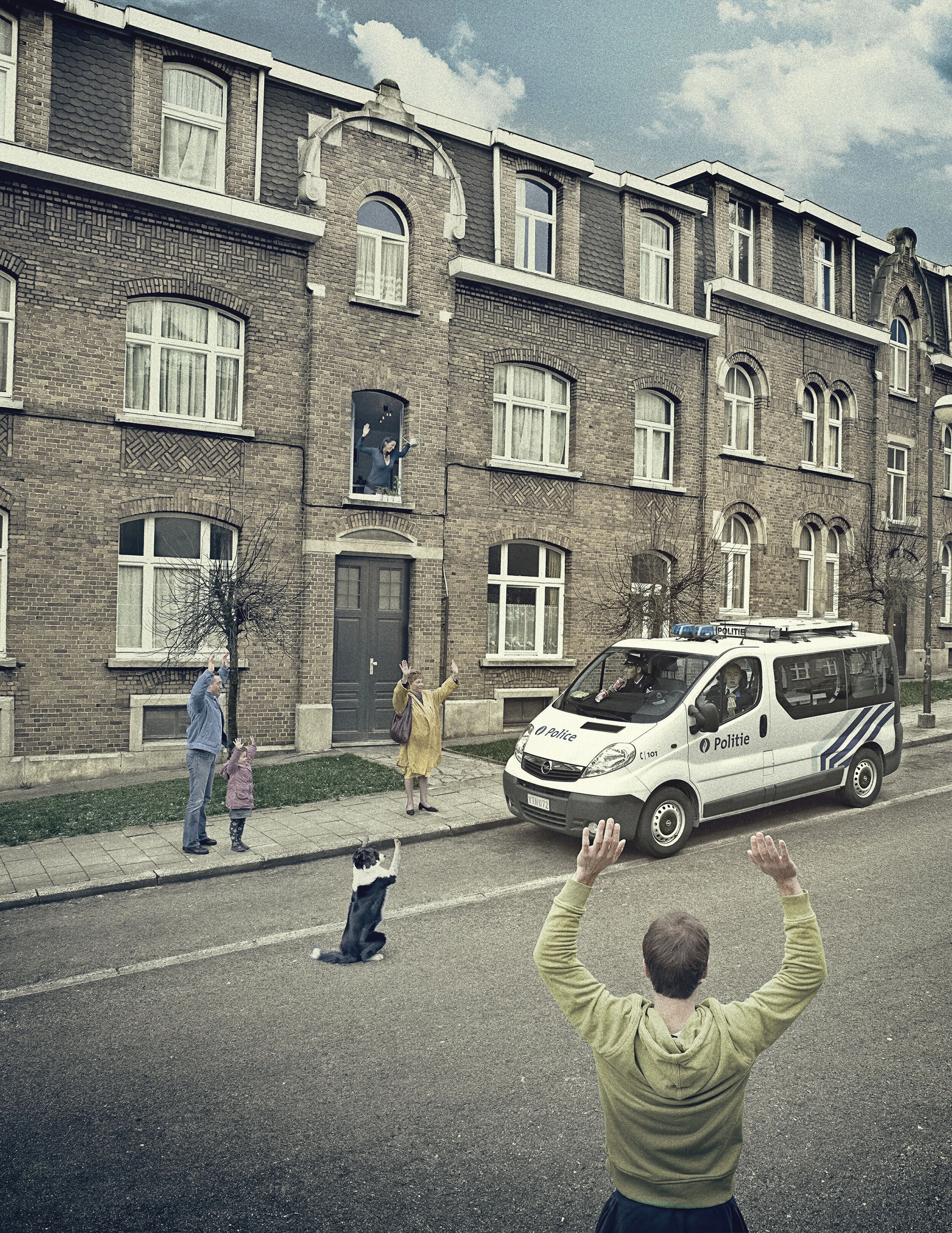 A scene with several people and a police van on a city street. A man, woman, and young girl on the sidewalk wave at a person in a police vehicle, which is parked next to a large brick apartment building. A dog sits on the street, waving back with one