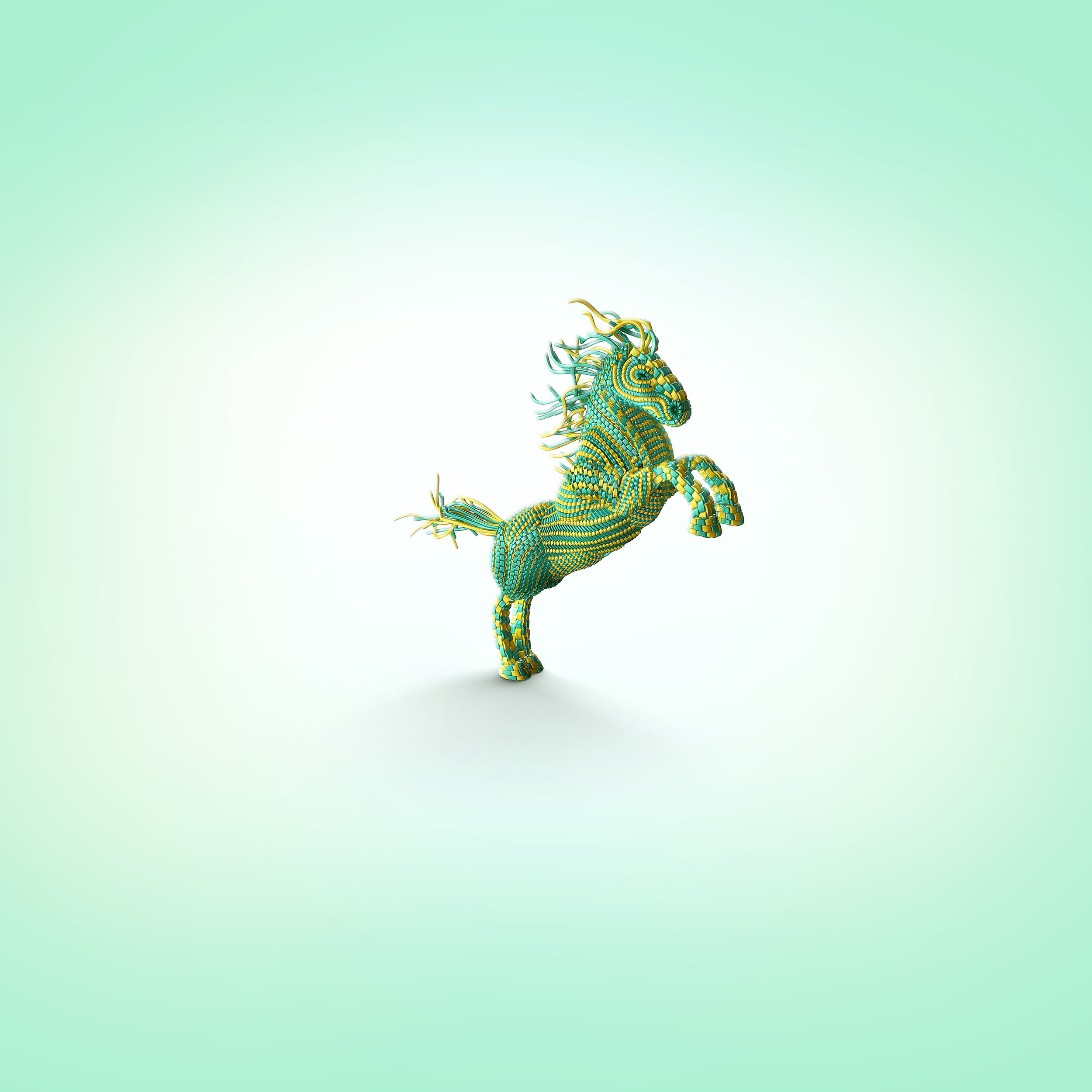 A colorful, striped, stuffed unicorn toy in a rearing position against a gradient light green background.