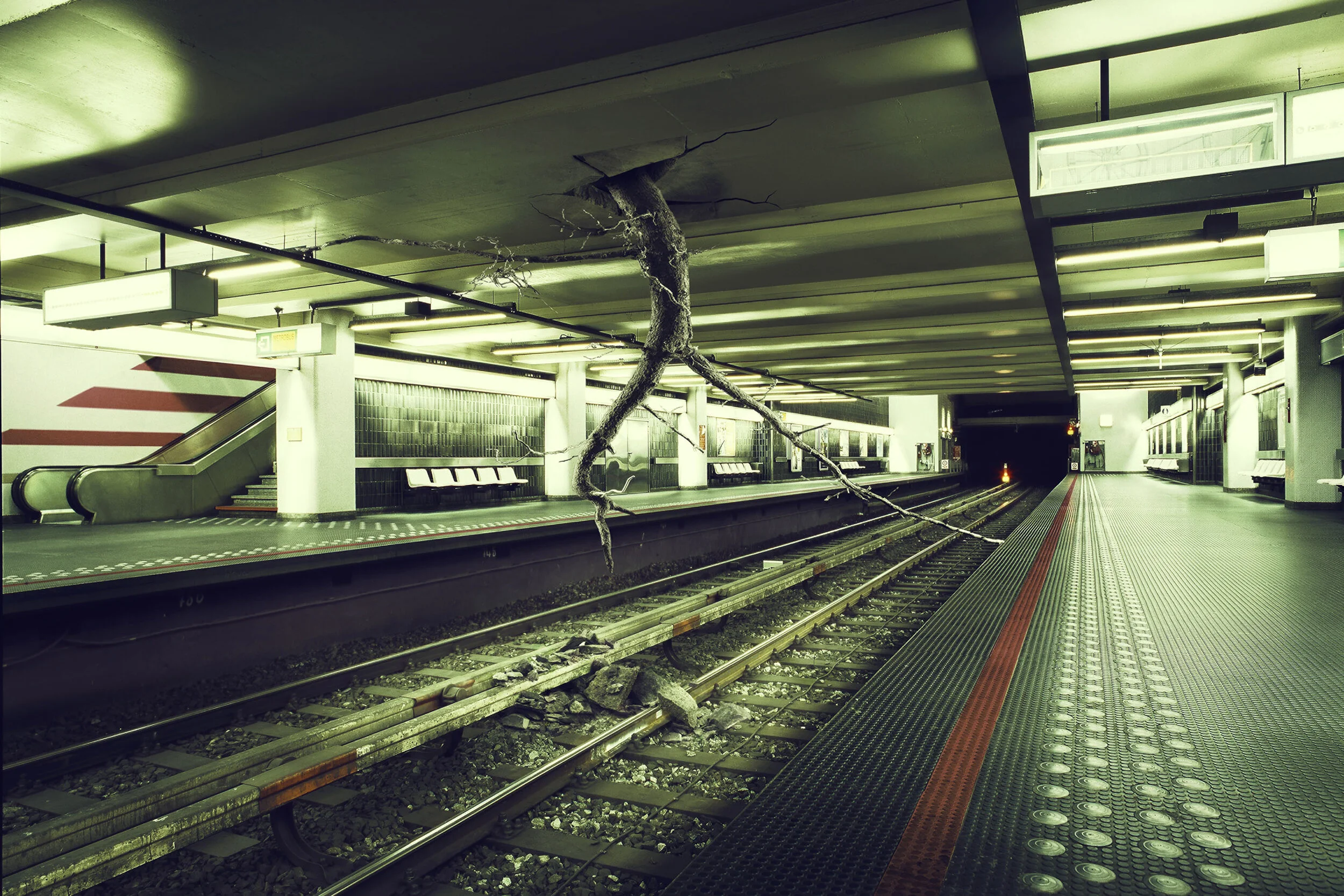 Underground train station with a damaged tree fell on the train tracks, cracked ceiling, and debris on the ground.