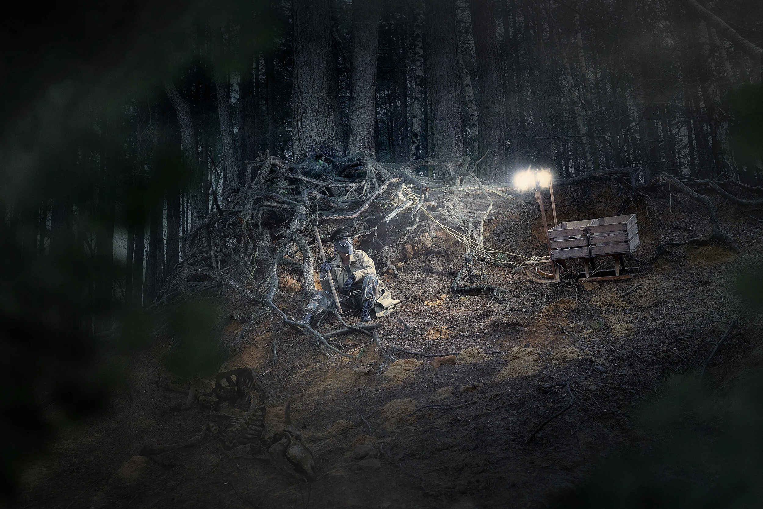 A person in protective gear sitting in a forest near a tree with exposed roots, illuminated by bright lights with equipment connected to the ground.