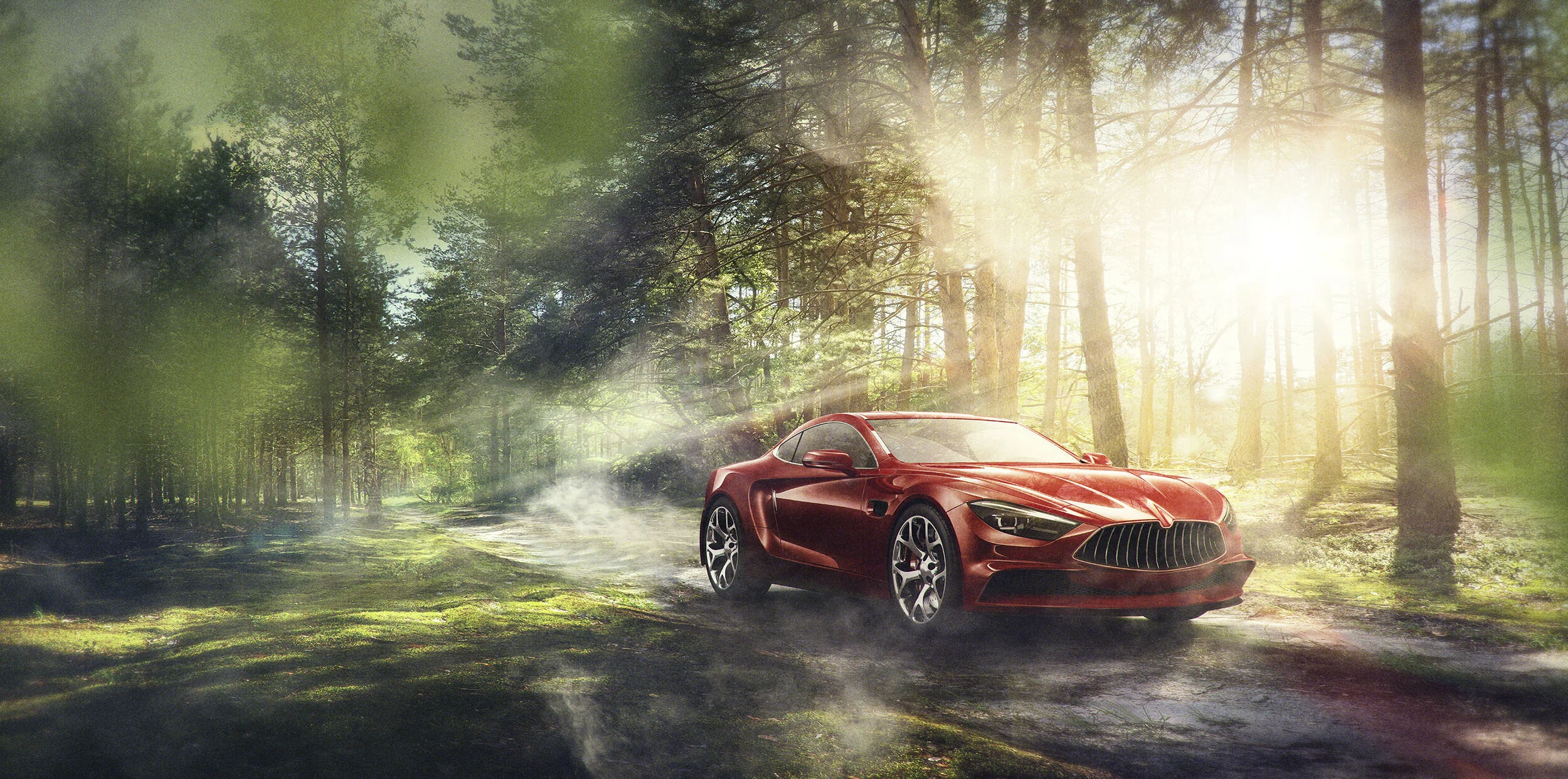 A red sports car on a forest dirt road, with sunlight filtering through tall trees and mist on the ground.