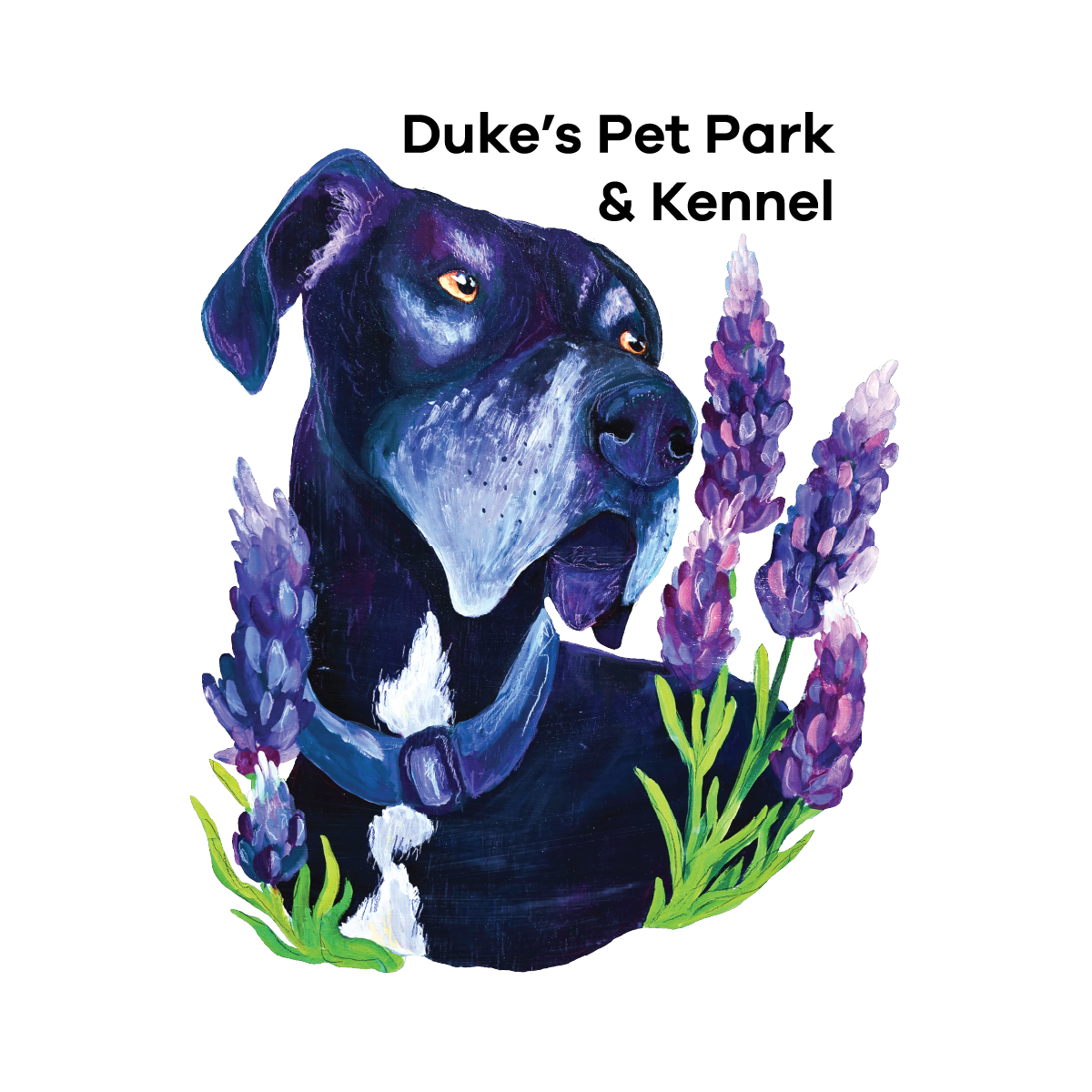 A painting of a great dane with lavender flowers surrounding him