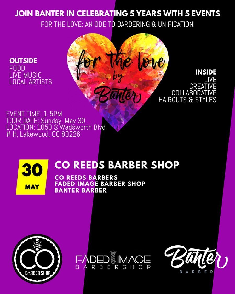 This Sunday we continue our For the Love five year anniversary celebration 
@ CO Reed&rsquo;s Barber Shop
Join us @coreedsmgceo with the @coreedsbarbers and the barbers from @faded_image Creative collaborative cuts will be going down in the name of B