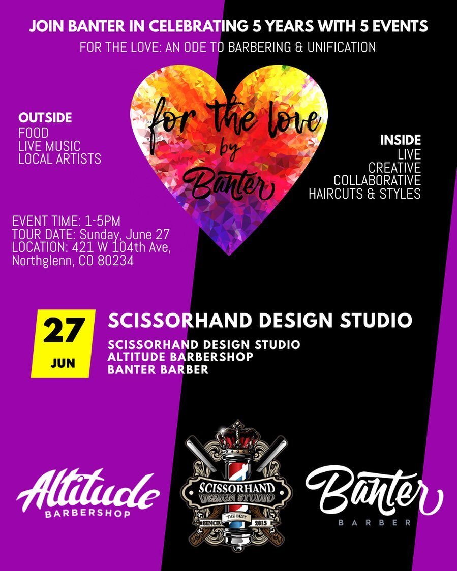 Sunday June 27th another 1. @scissorhanddesignstudio will be hosting us in our second to last stop on our For the Love tour. Thanks to @tejayscissorhands and his crew for opening their doors to us and our barber brothers from @altitudebarbershop 

Jo