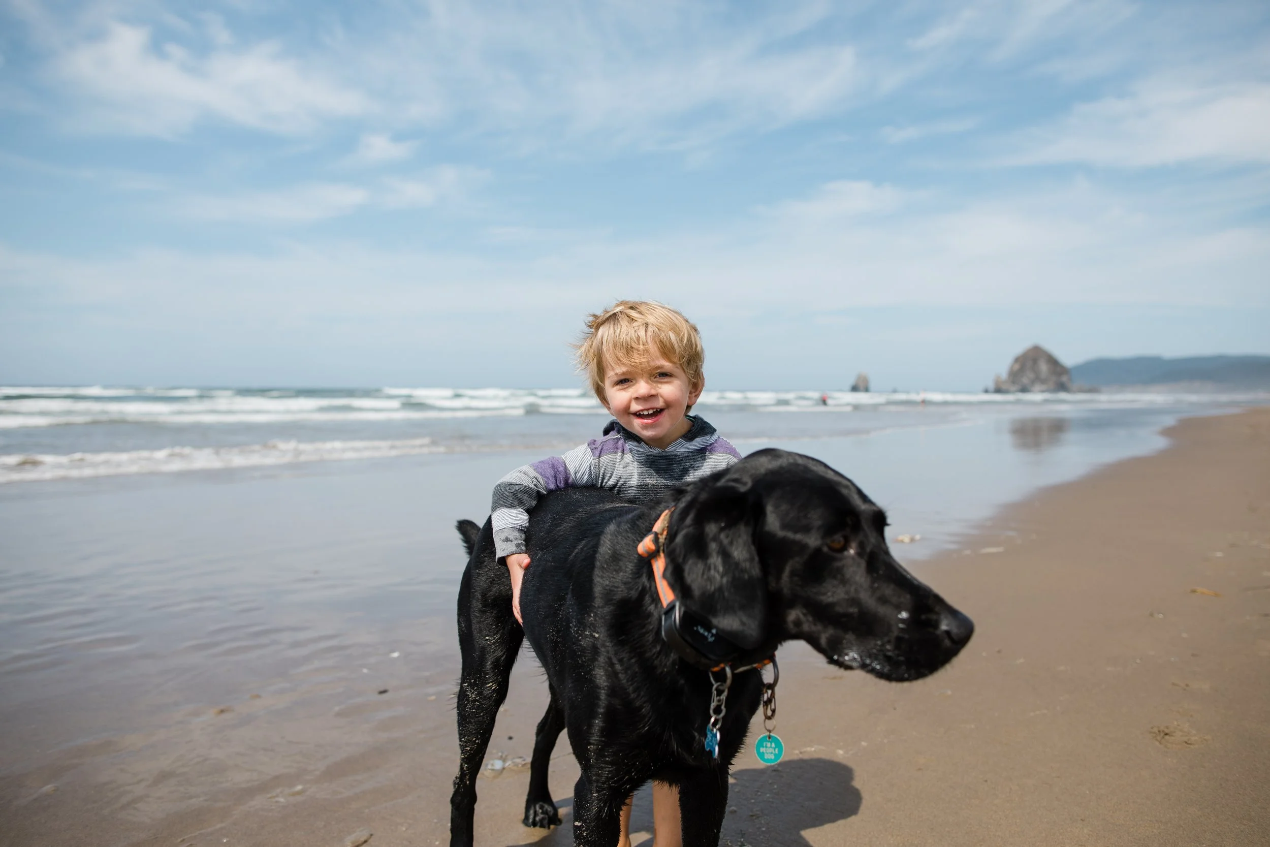 A blonde boy is giving a large black dog a hug on the beach. The boy is smiling and standing on the sand next to the water.
