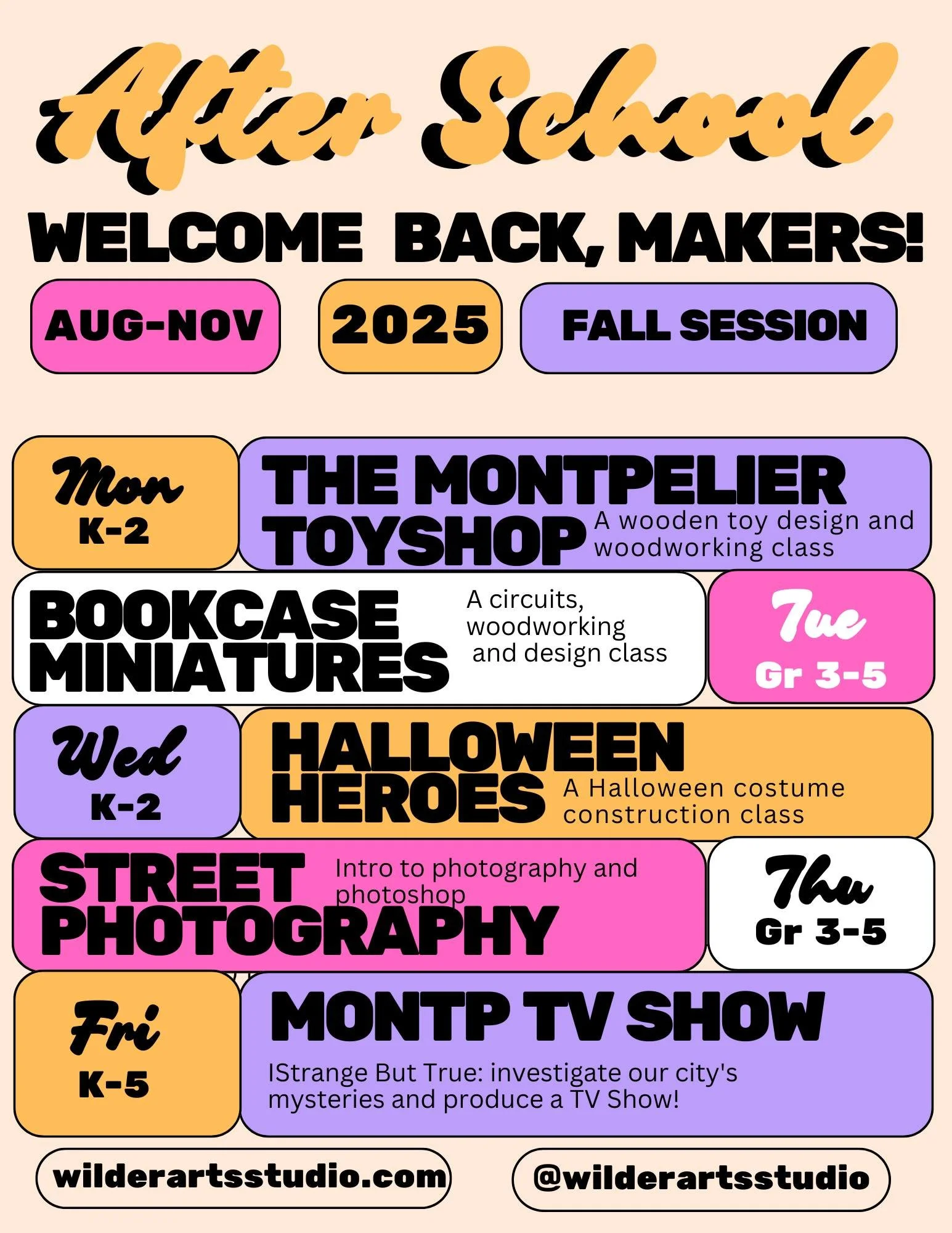 Our After School Fall lineup is posted! This fall, for the first time ever....we're making a documentary TV show cataloging and exploring all of Montpelier's hidden corners and mysteries. 
.
We'll also be building keepsake wooden toys, creating minia
