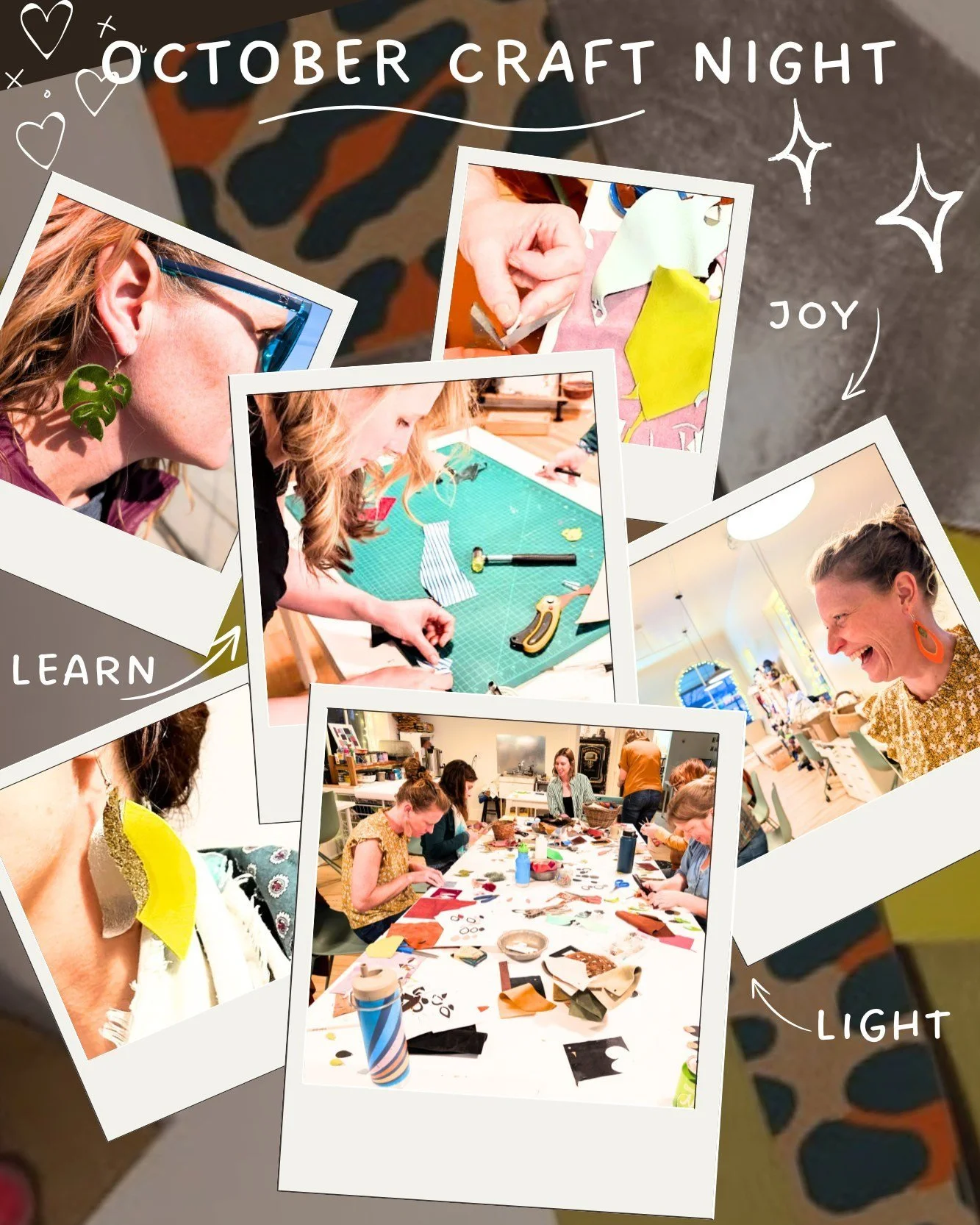 October Craft Night is October 22nd, 7-9pm! It's leather earring night!
.
We're hauling out our upcycled collection of leather scraps from upholsters and leatherworkers and letting you loose to create as many leather earrings as you like. We'll have 