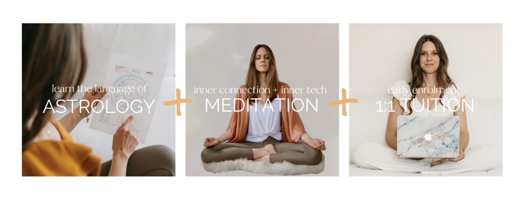 belinda pointing at astrology chart, meditating, and behind a laptop