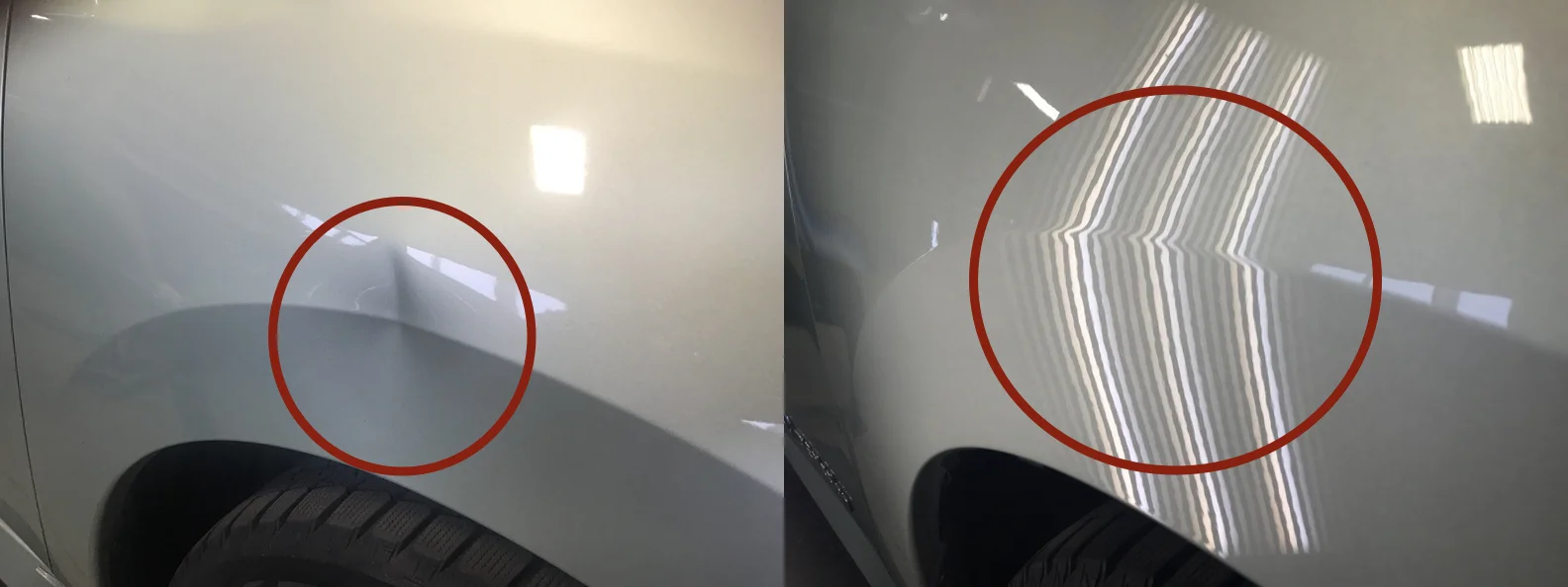 BEFORE & AFTER: DENT CREASE IN FENDER & BODY LINE; DAMAGE REMOVED & REPAIRED WITH PDR BY THE DENT GUY