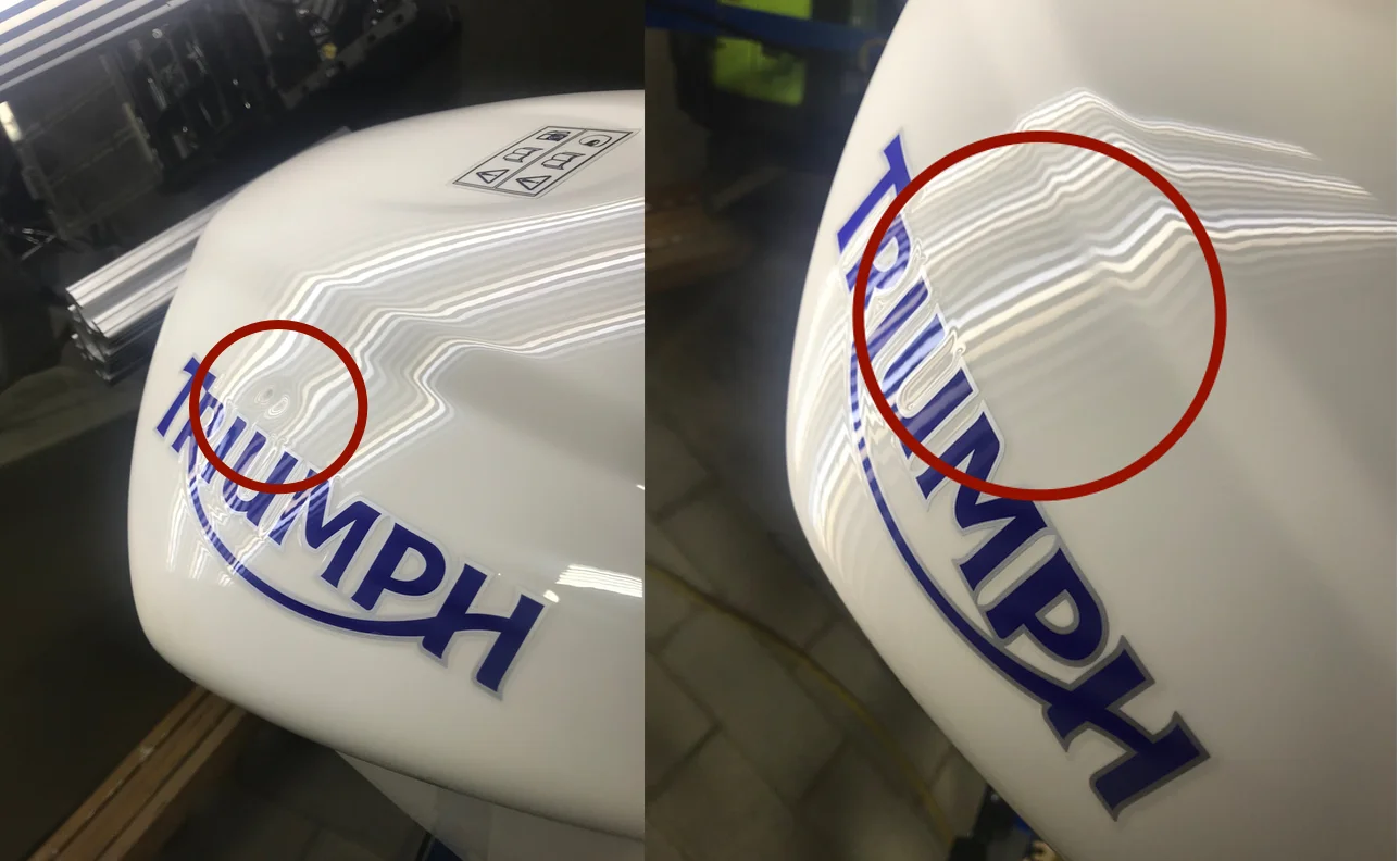 BEFORE & AFTER: MEDIUM DENT IN TRIUMPH MOTORCYCLE GAS TANK; DAMAGE REMOVED & REPAIRED WITH PDR BY THE DENT GUY