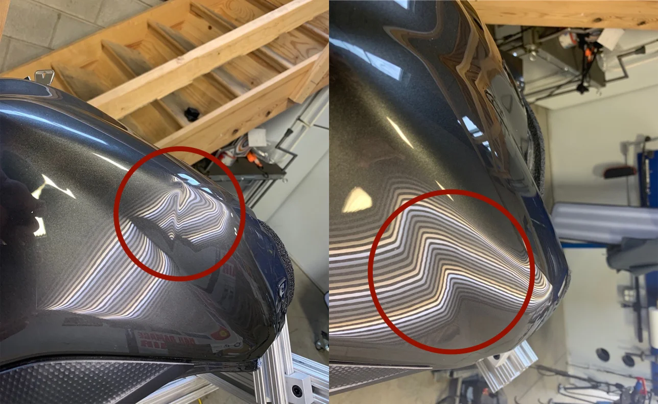 BEFORE & AFTER: SMALL DENT IN YAMAHA MOTORCYCLE GAS TANK; DAMAGE REMOVED & REPAIRED WITH PDR BY THE DENT GUY