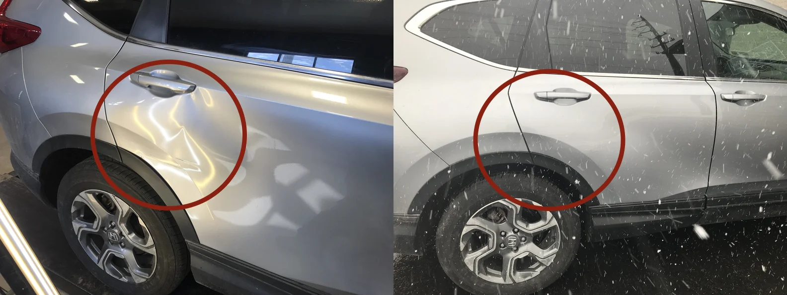 BEFORE & AFTER: EXTREMELY LARGE DENTS IN REAR DOOR; DAMAGE REMOVED & REPAIRED WITH PDR BY THE DENT GUY