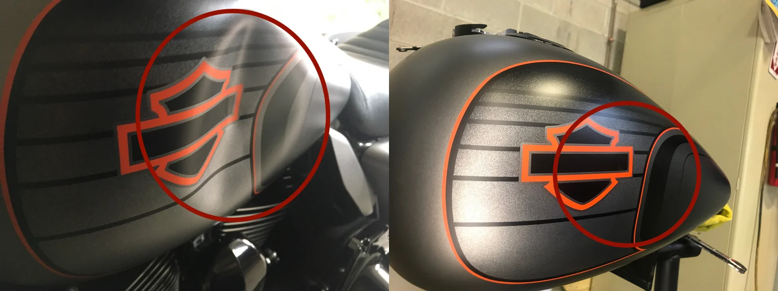 BEFORE & AFTER: EXTREMELY LARGE DENT IN HARLEY-DAVIDSON MOTORCYCLE GAS TANK; DAMAGE REMOVED & REPAIRED WITH PDR BY THE DENT GUY