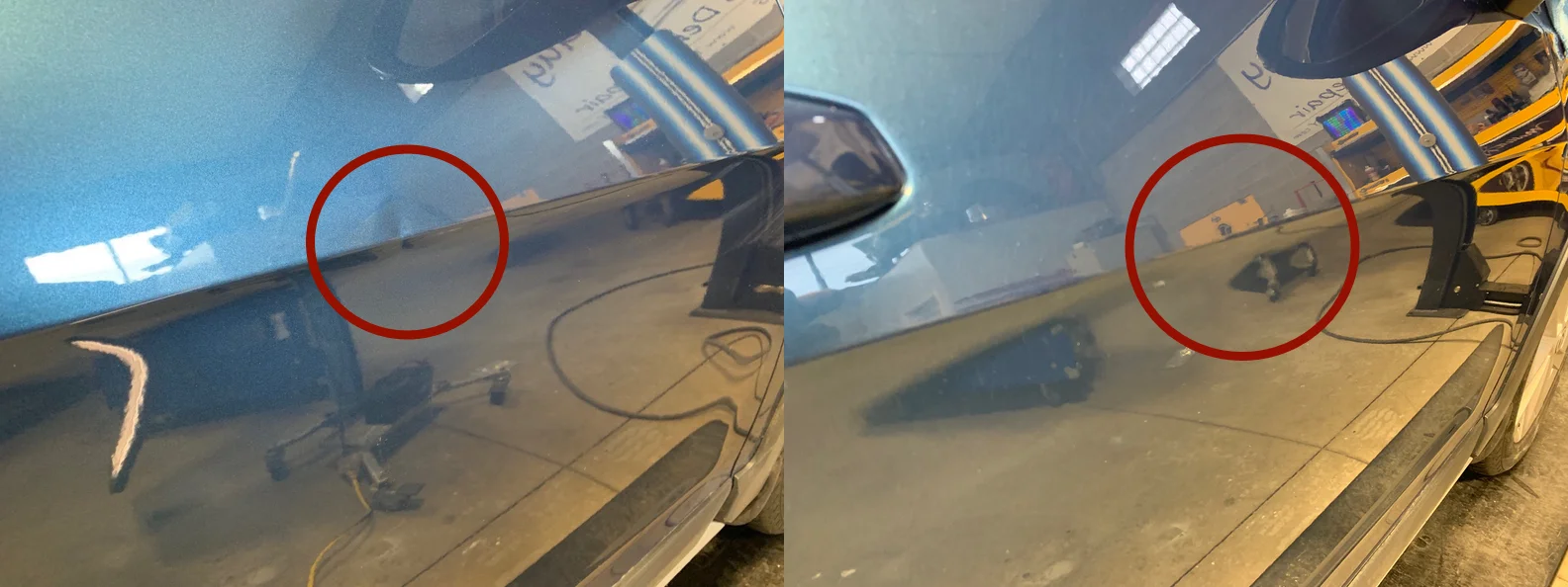 BEFORE & AFTER: SMALL DING IN DOOR BODY LINE; DAMAGE REMOVED & REPAIRED WITH PDR BY THE DENT GUY