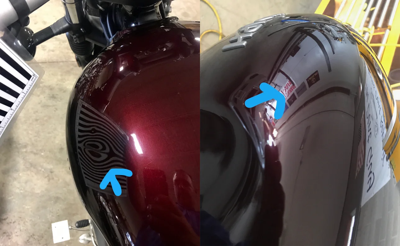 BEFORE & AFTER: SHALLOW DENT IN TRIUMPH MOTORCYCLE GAS TANK; DAMAGE REMOVED & REPAIRED WITH PDR BY THE DENT GUY