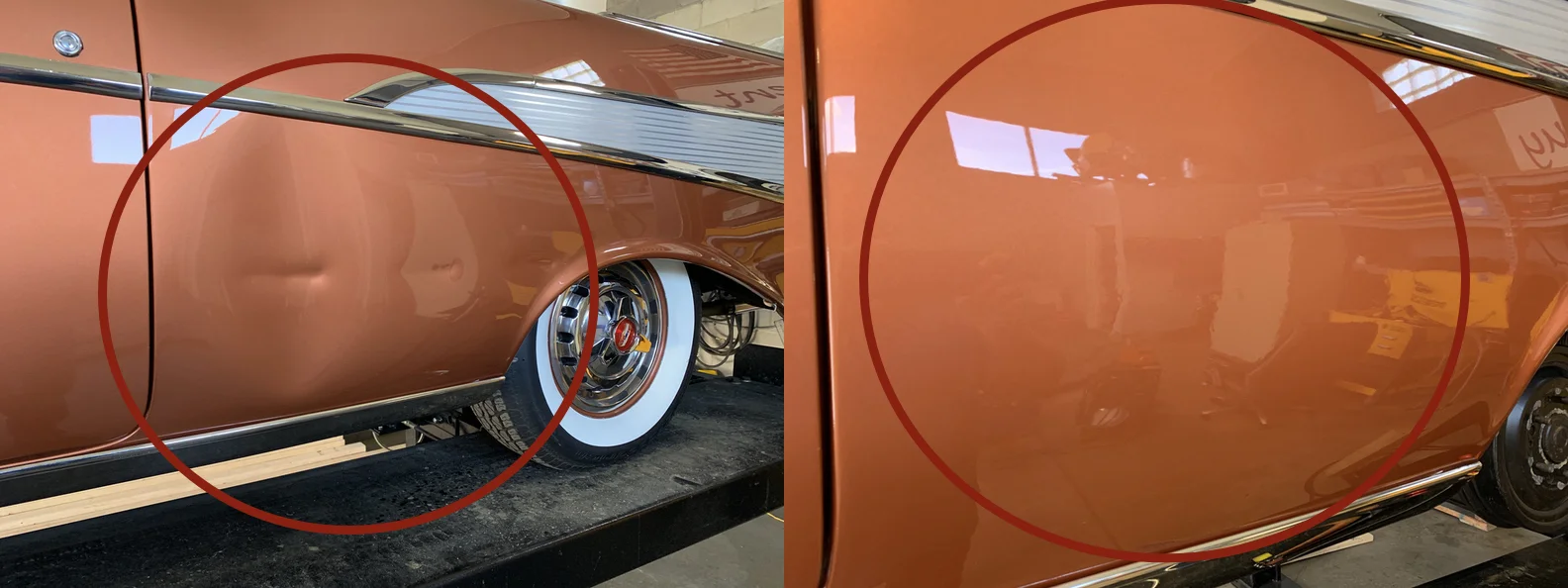 BEFORE & AFTER: EXTREMELY LARGE DENT & VERY DEEP DENTS IN QUARTER PANEL; DENTS REMOVED THROUGH GLUE PULLING PDR AND PAINTLESS DENT REPAIR BY THE DENT GUY