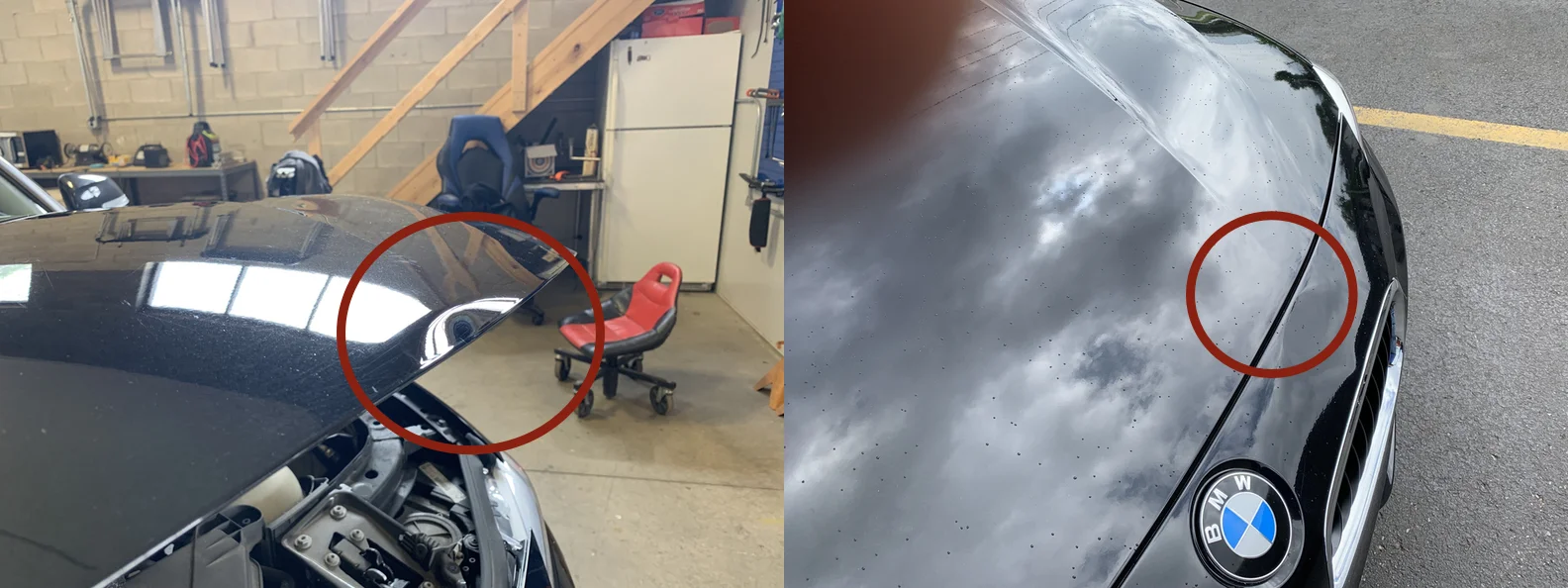 BEFORE & AFTER: EDGE OF PANEL HOOD DENT DAMAGE; DENT REMOVAL AND REPAIR WITH PAINTLESS DENT REPAIR (PDR) BY THE DENT GUY