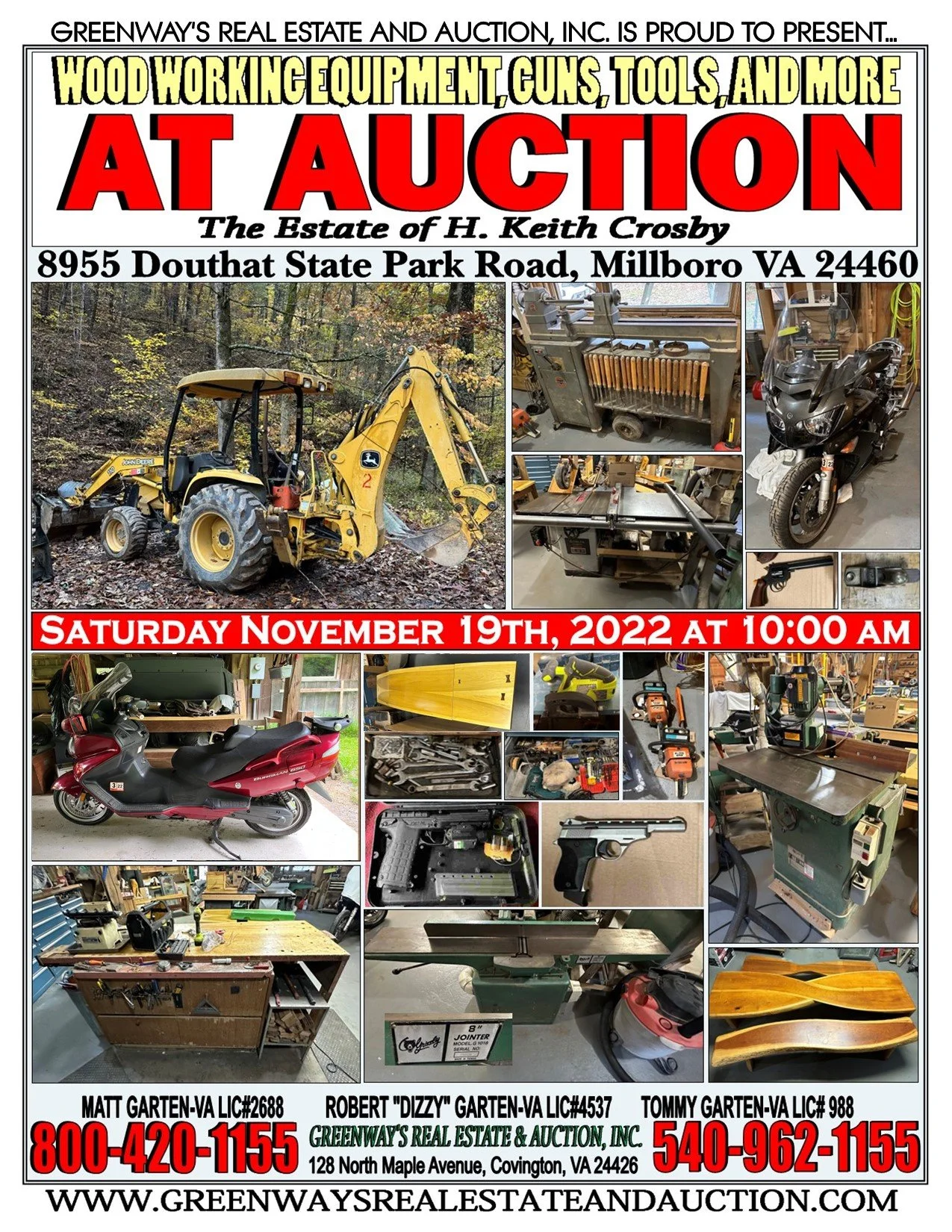 BACKHOE, TOOLS, GUNS, MOTORCYCLES AND MORE AT AUCTION!