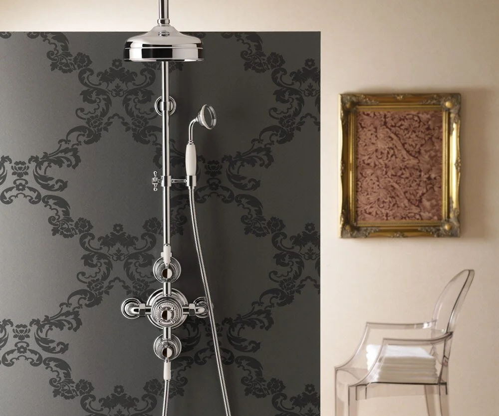 Samuel Heath Fairfield mounted shower system, shown above in chrome and white.