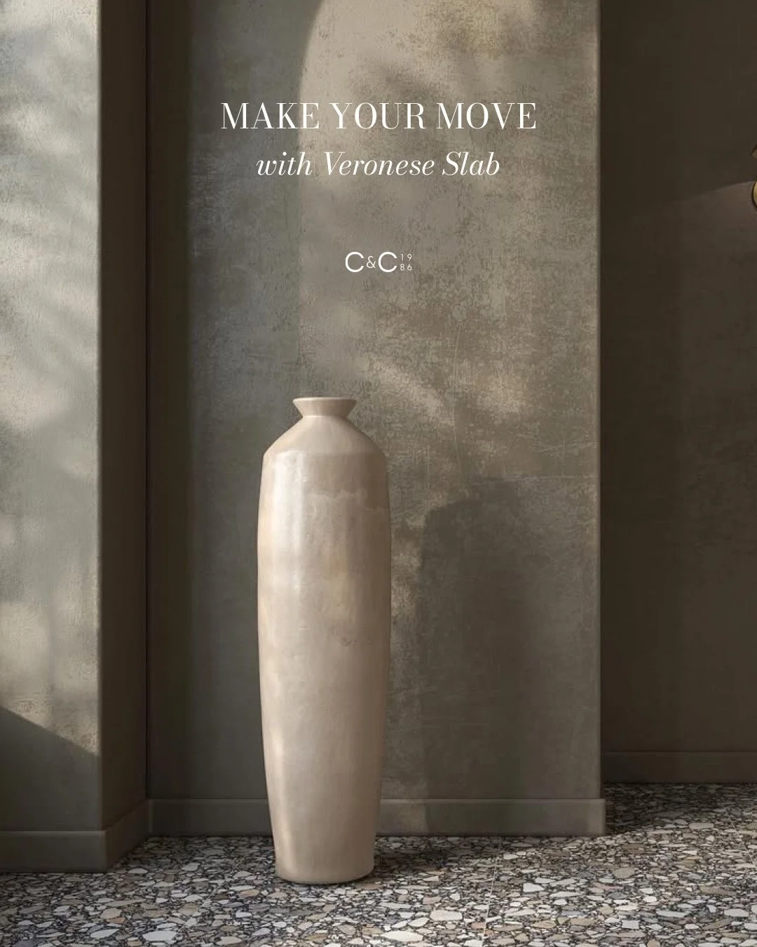 Make your move with Veronese Slab. ✨⁠
⁠
Bold, textural, and unmistakably Italian, this terrazzo collection brings depth and character to any space. ⁠
⁠
Available in tile and exclusively at Cesario &amp; Co., explore the full collection by booking you