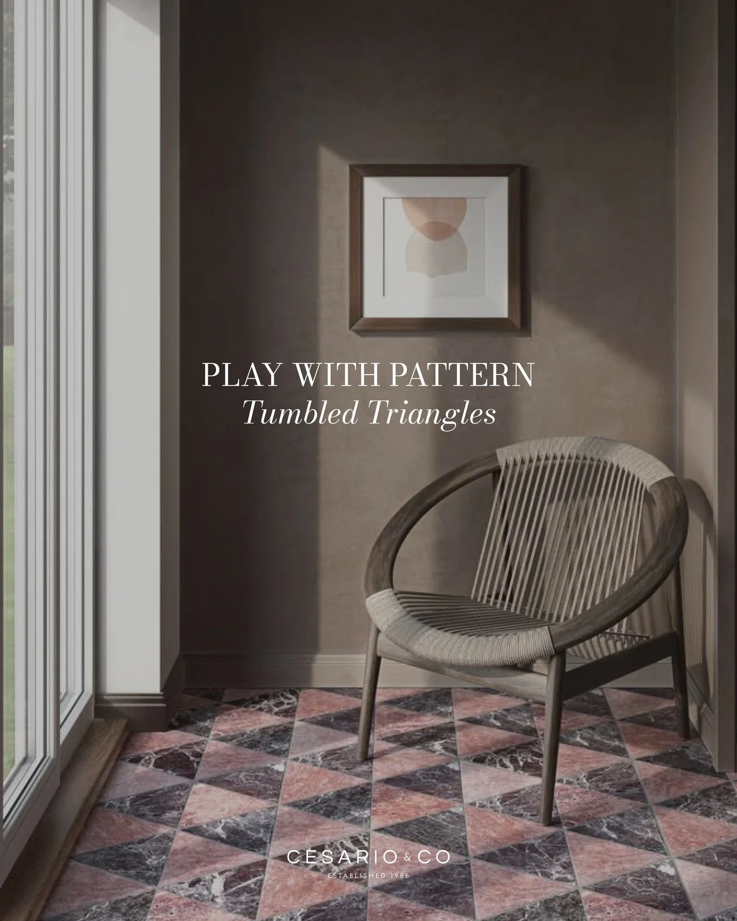 A study in balance and movement. ✨⁠
⁠
Tumbled Triangles by @artistc_tile transforms natural stone into a dynamic space, defined by subtle texture and endlessly adaptable layouts.⁠
⁠
Exclusively available at Cesario &amp; Co. Book your showroom appoin