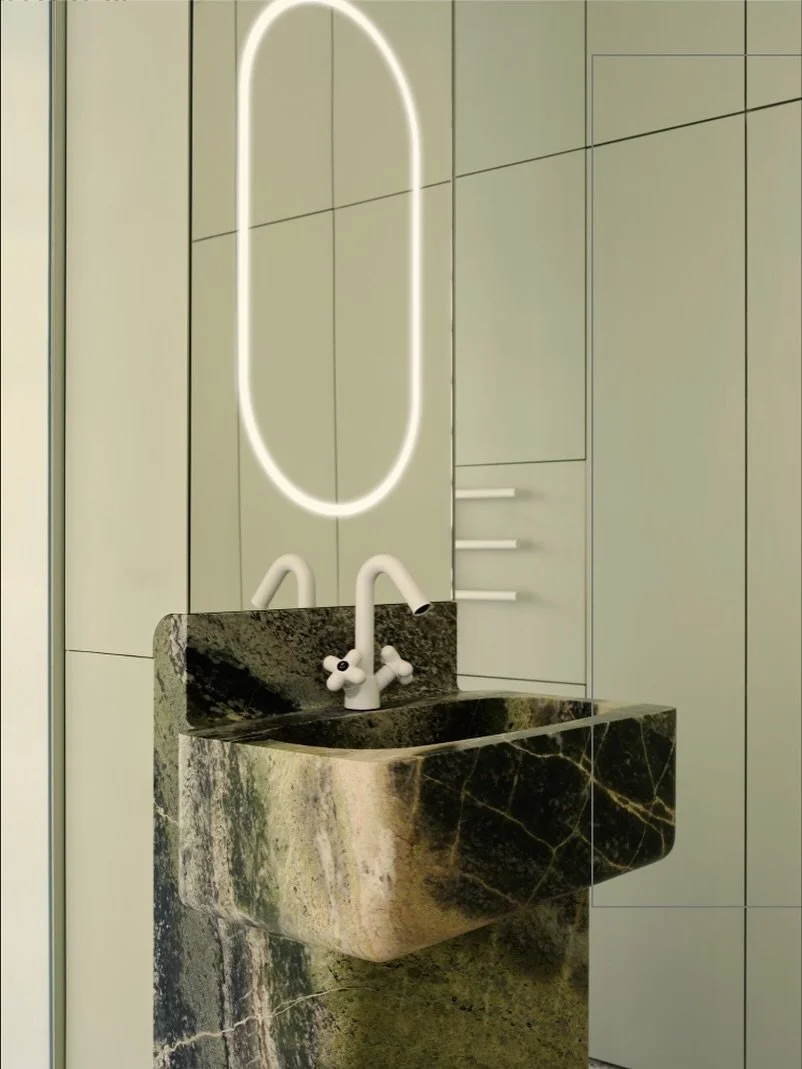 A true focal point in the space.⁠
⁠
This sculptural faucet introduces a sense of play through its shape, creating contrast against the marble veining.⁠
⁠
Discover statement pieces for your next project by booking your showroom visit through the link 