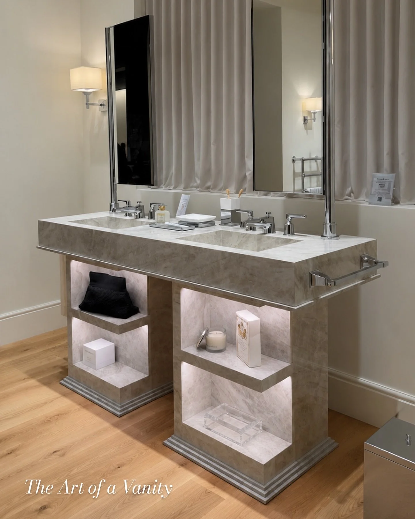 An Architectural statement for a bathroom vanity.

With striking marble detailing and illuminated open shelving, this vanity brings beauty, design, and functionality together.

Available in a selection of marble finishes.

We&rsquo;re here to help yo