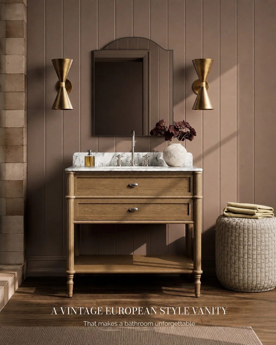 A new addition to our showroom.

Inspired by vintage European design, this collection pairs timeless character with thoughtful functionality. Crafted from washed blonde oak veneer, Carrara marble, and aged satin brass detailing, each piece brings war