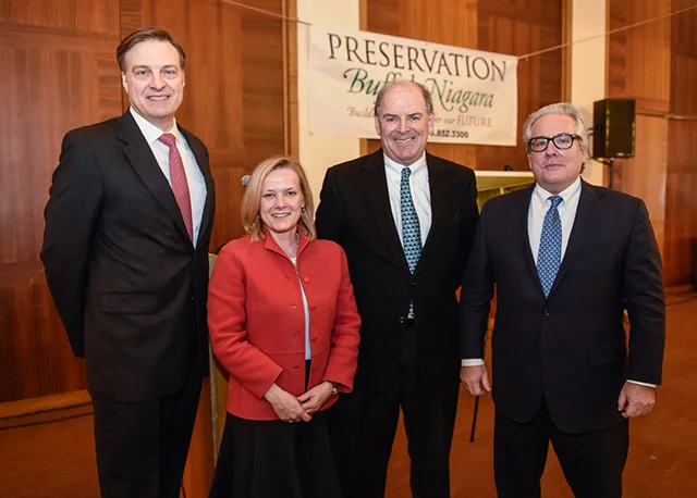 Jay DiLorenzo, Stephanie Meeks of the National Trust, Peter Flynn of Preservation Buffalo Niagara and Brian Berg of Save the Amp at the announcement designating the Chautauqua Ampitheater as a National Treasure.