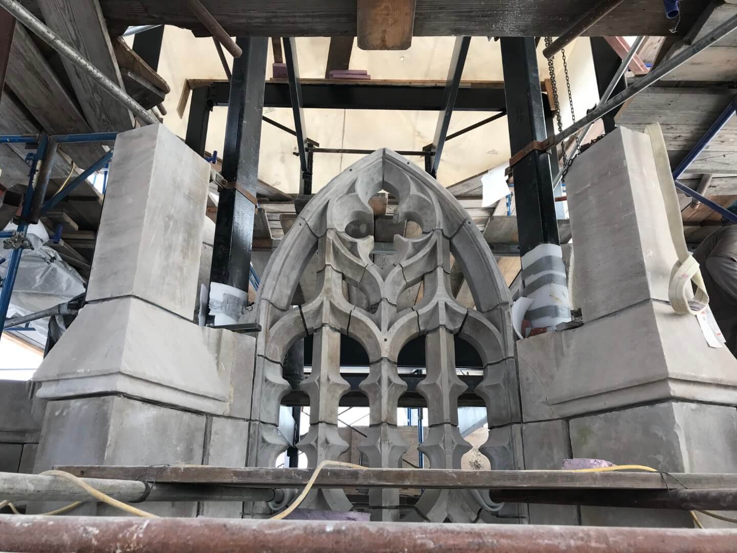 The bell tower being reassembled. Photo courtesy of Walter B. Melvin Architects