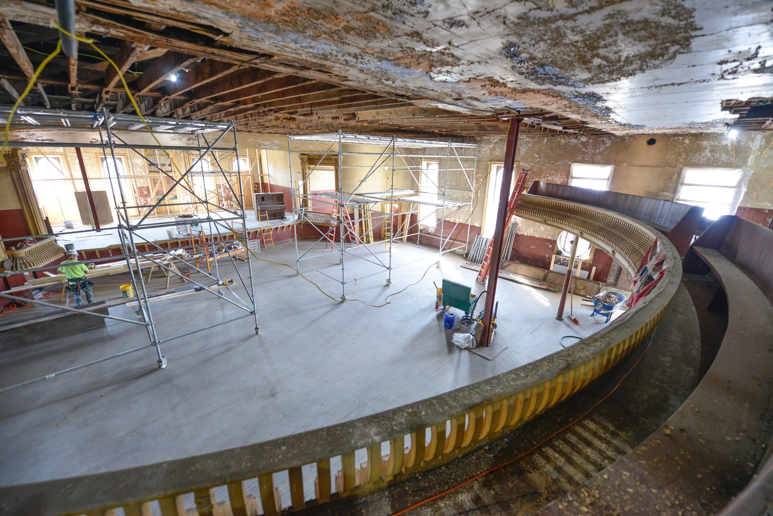 Inside the theatre balcony overlooking the stage space before renovation. Photo by John Smillie