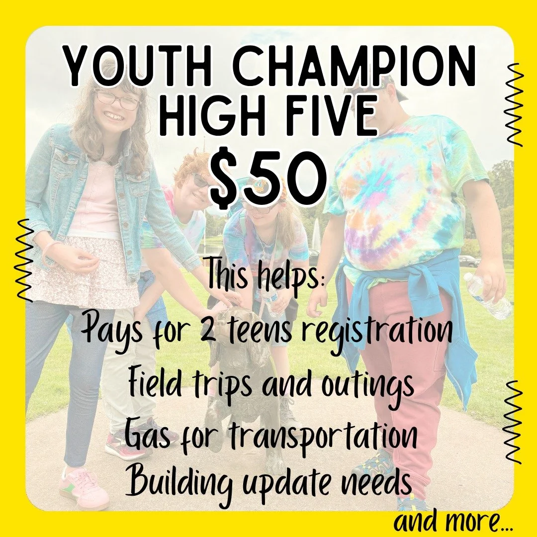 Become a "Youth Champion" with your monthly high five giving level of $50! 
These funds can go to 2 teens registrations, field trips and outings, gas for transportation, teen center updates and so much more! 
Find a level that works for y