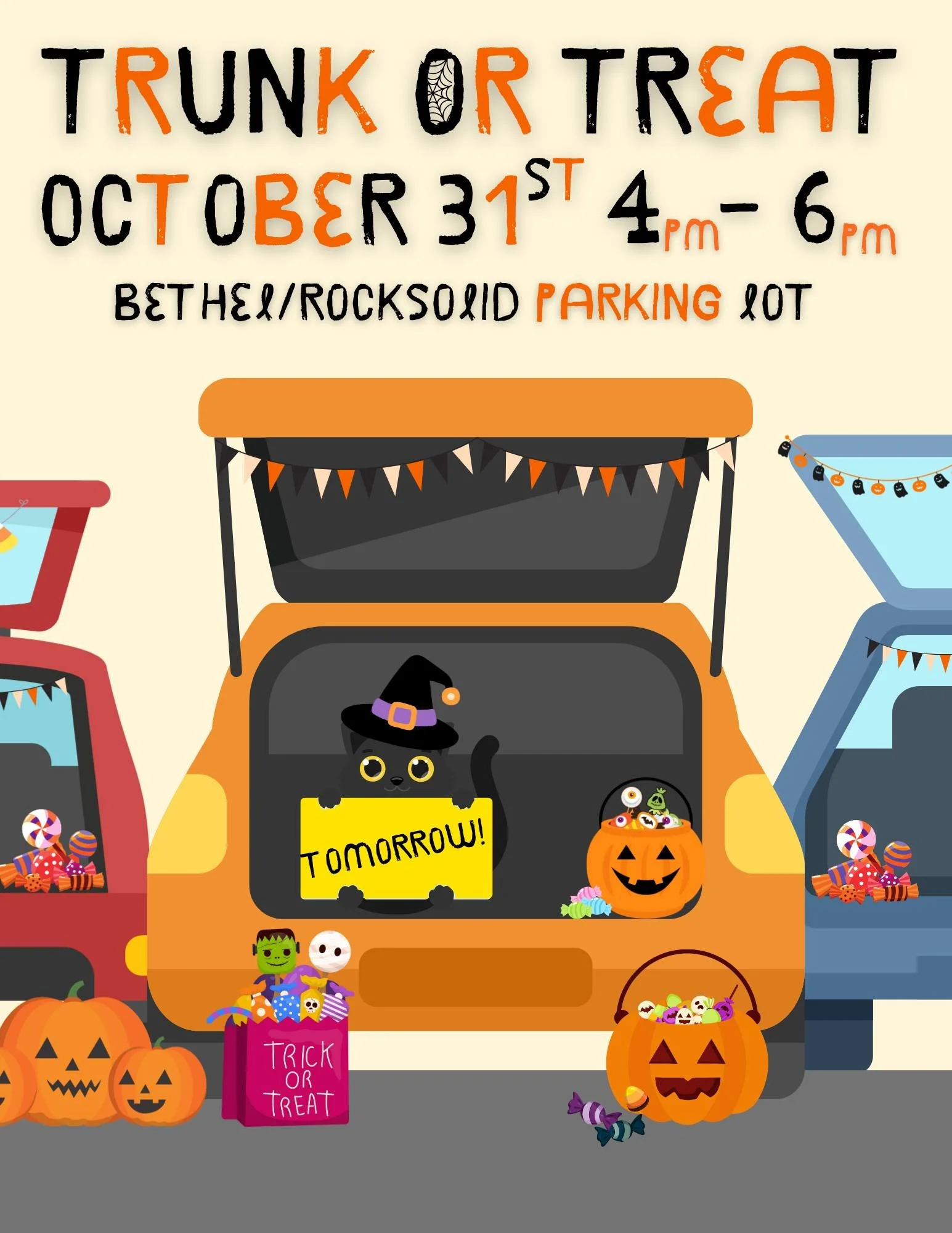 Tomorrow is the spookiest night of the year and we're making it the funnest and the safest! 🎃
Join the Rocksolid and Bethel Community as we play games, get candy and just have fun!