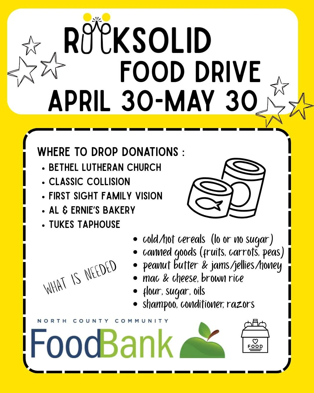 Rocksolid Teen Center is running a food drive to help fill the shelves at the North County Community Food Bank for the summer.  It starts TOMORROW and runs through May 30th 

There are bins at Bethel Lutheran in Brush Prairie, and Classic Collision, 