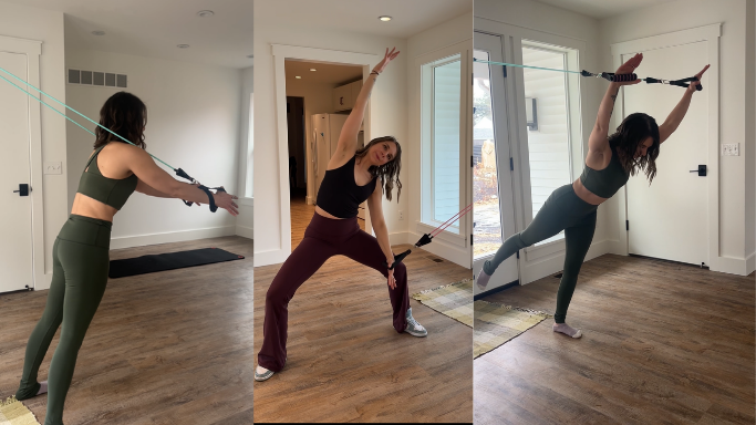 Megan shown in three split positions. Demonstrating various movements, exercises, and techniques that has helped others to reconnect with and strengthen their core in effort to improve your posture.