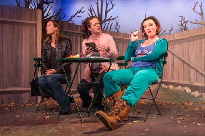 Amber McDonald Good, Zoe Hawkins Wells, and Erin McKenna (along with Michael Castellano, not shown) star in ‘Cry It Out,’ playing at the Red Barn Theatre in Key West through May 7.” LARRY BLACKBURN/Contributed