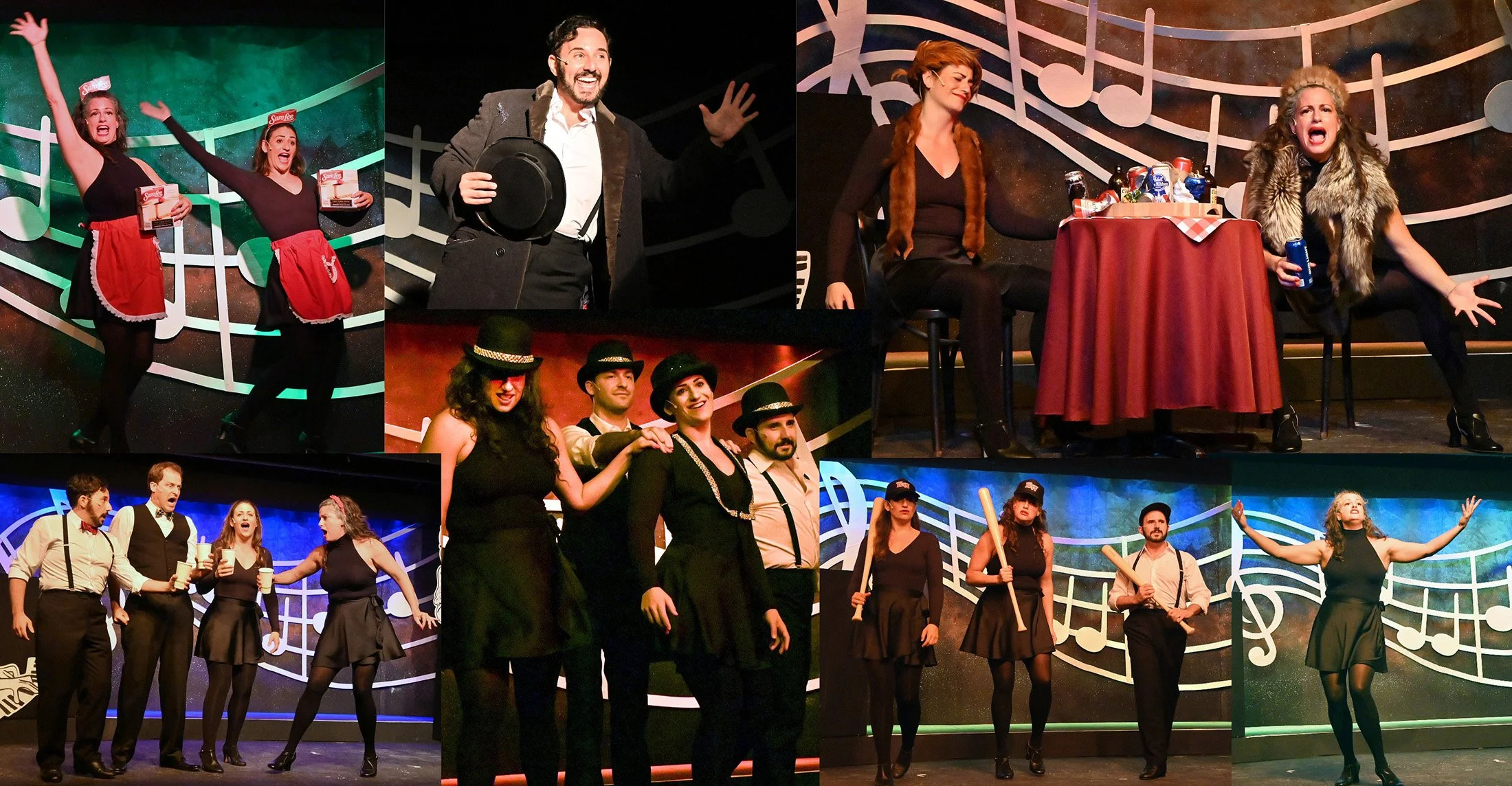 Collage of live musical theatre scenes featuring a lively ensemble performing on stage against a large musical-note backdrop, with dancers, singers, and comedic moments in coordinated black costumes and theatrical lighting