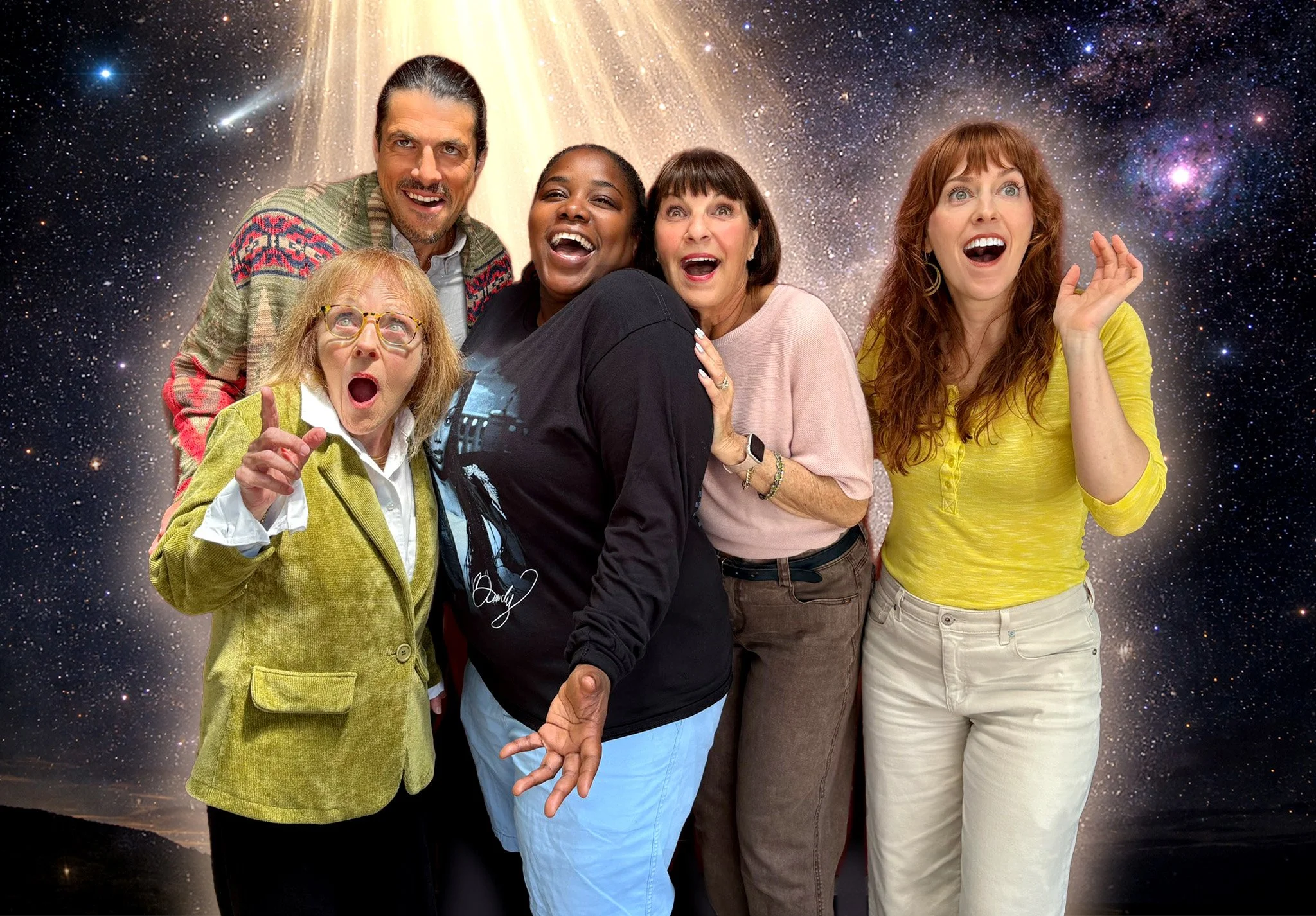 a group of men and women with faces of wonder and surprise bathed in a glowing celestial light