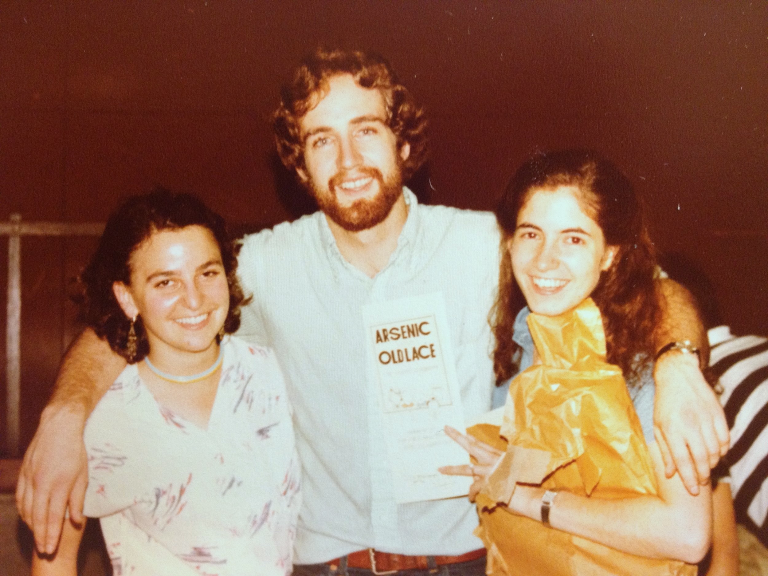 Douglas Ferguson (middle) with former fellows Katherine Sandweiss (left) and Mary Gwen Wheeler (right) at their production of Arsenic and Old Lace in 1981 with students from New Asia College of The Chinese University of Hong Kong.