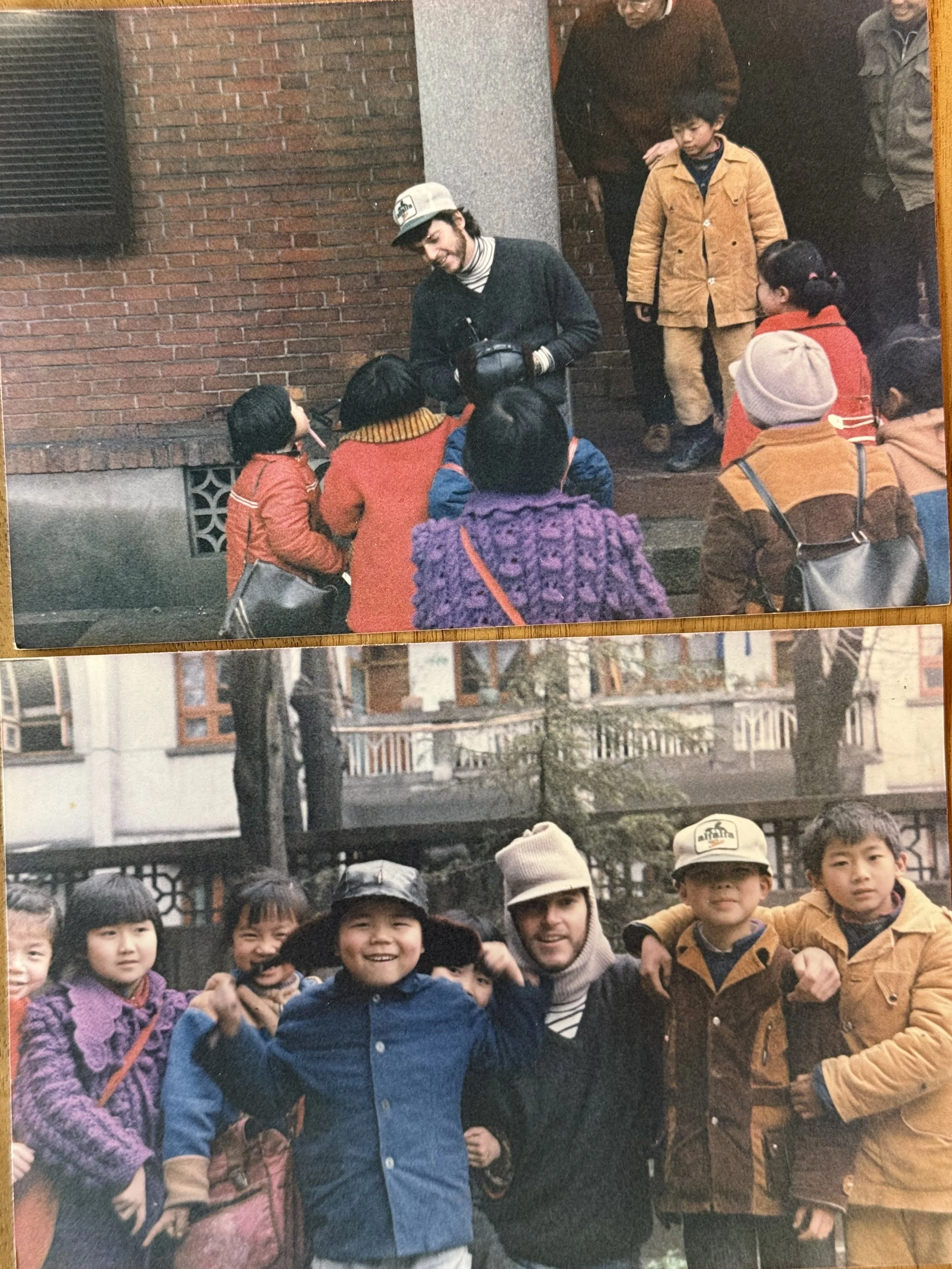 Bill Jackson and me teaching and horsing around with kids in front of the Yale-China house