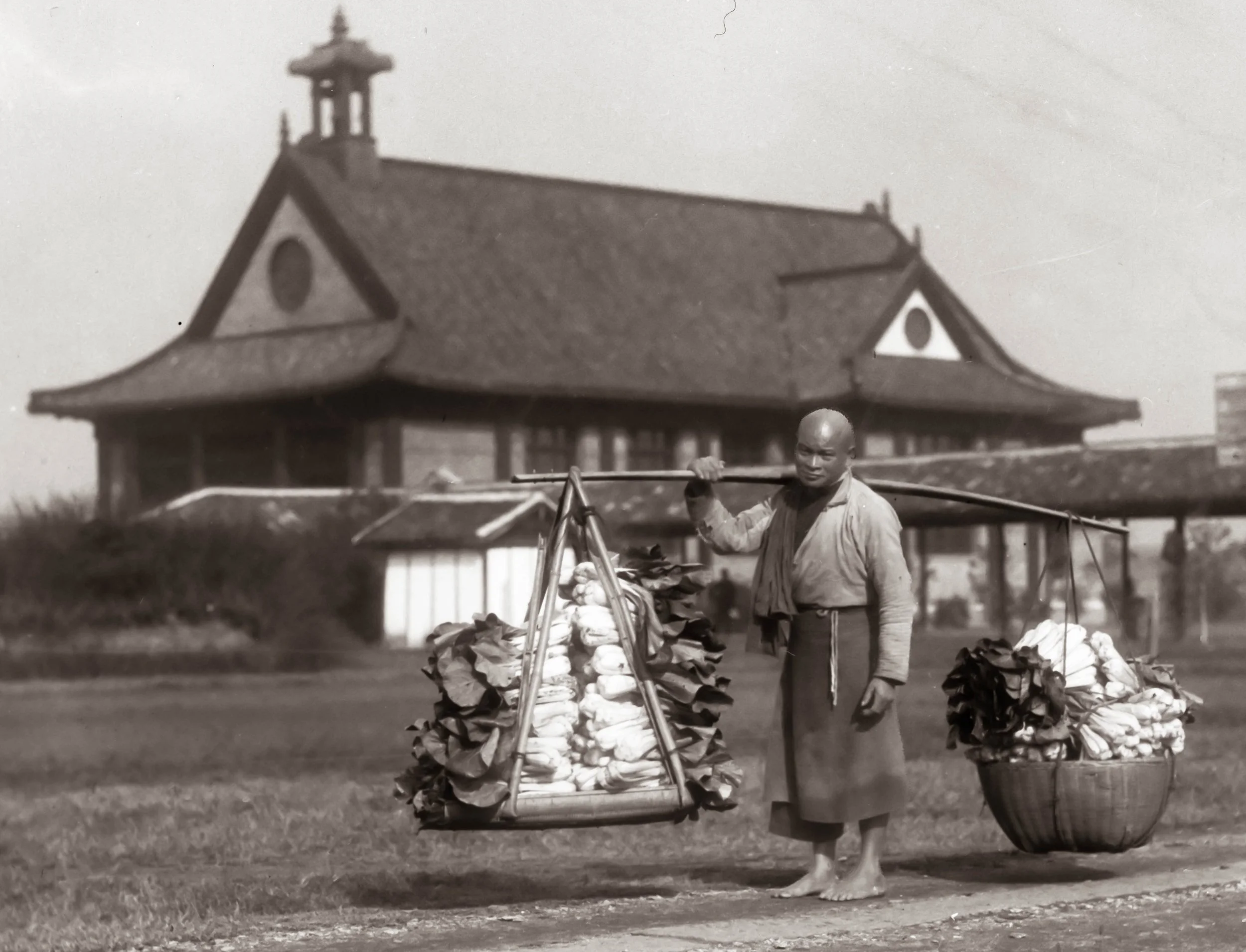Vegetable peddler on Yale campus, with chapel building in background